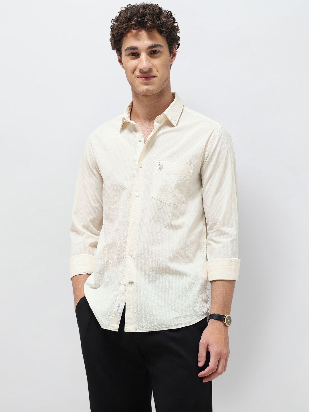 U.S. Polo Assn.Solid Seersucker Textured Pure Cotton Shirt-image-6
