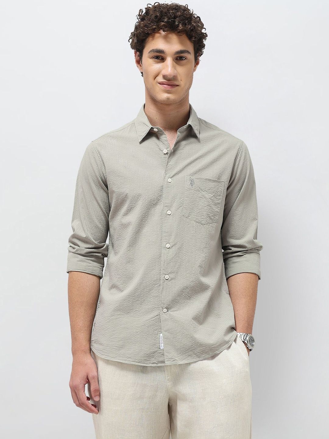 u.s. polo assn. U.S. Polo Assn.Solid Seersucker Textured Pure Cotton Shirt-picture-58