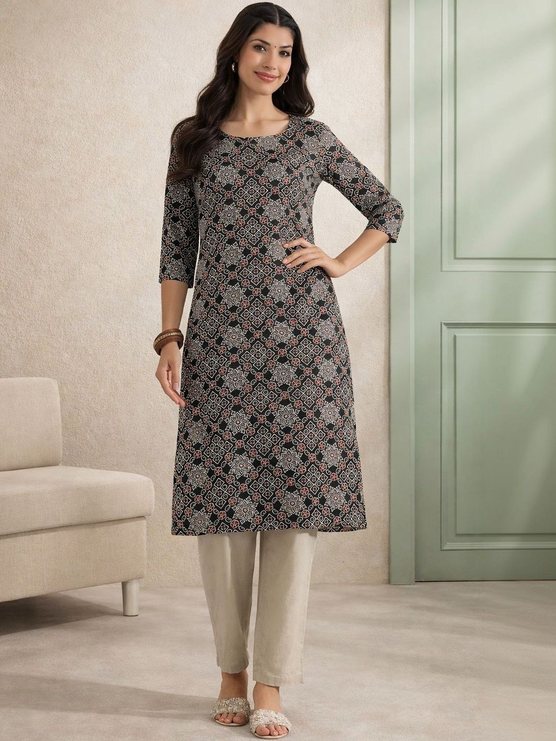 KINDA DESI Women Floral Printed Sequinned Kurta-picture-53