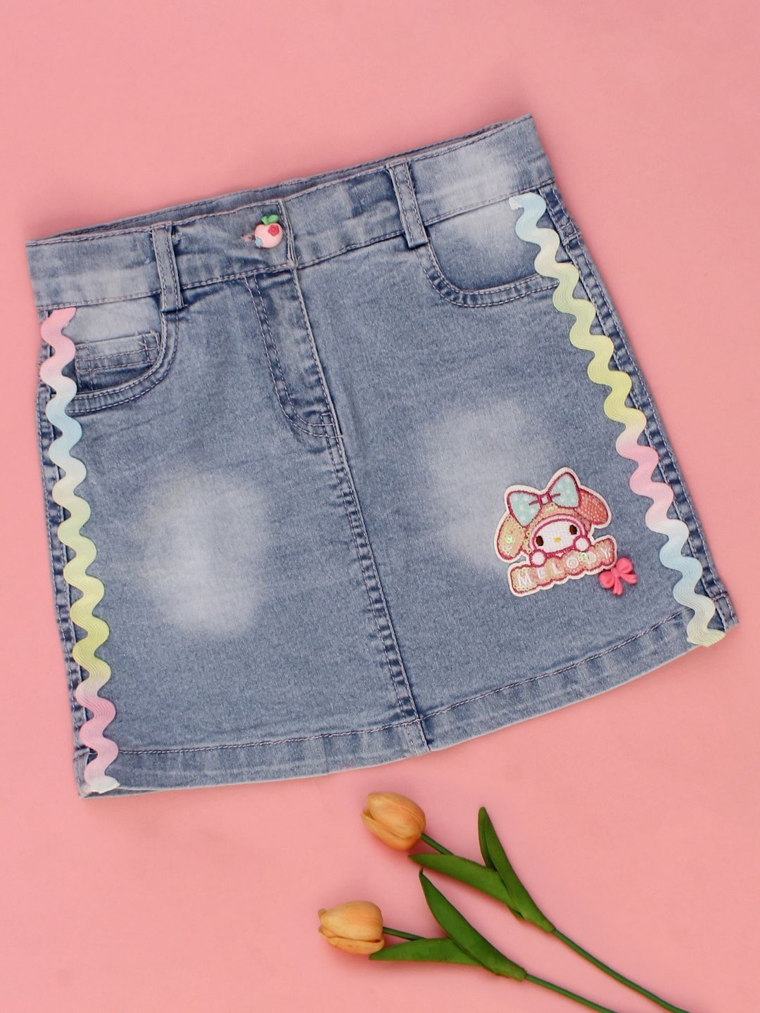 CUTECUMBER Girls Denim Blend Embellished Above Knee A-Line Skirt-image-12