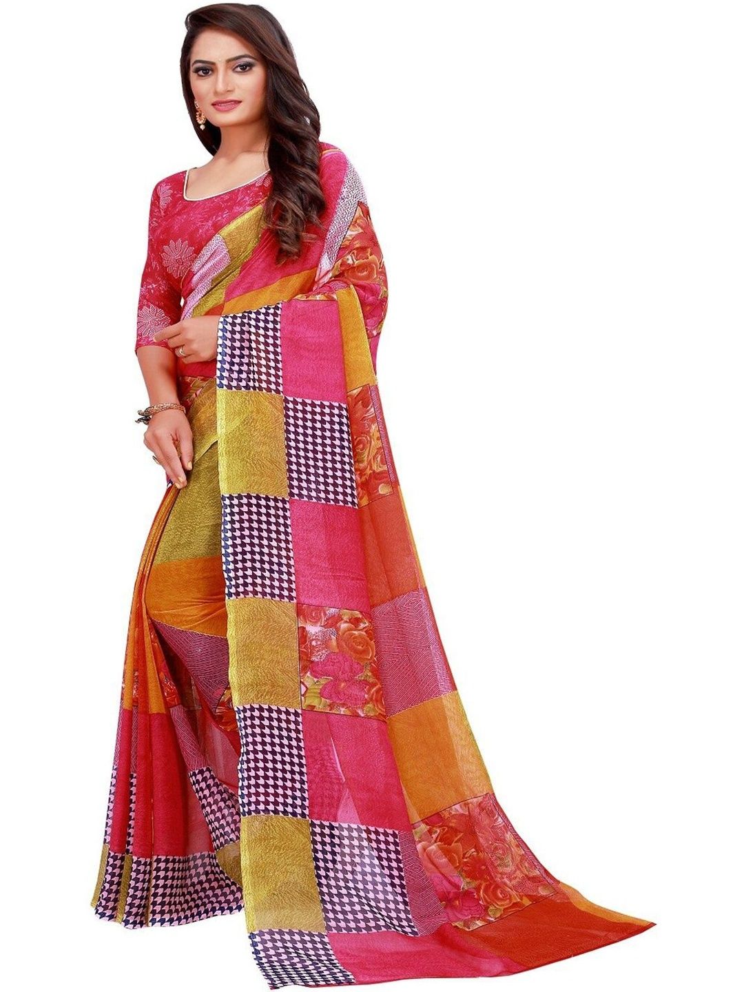 YUGAVEERAA Floral Poly Georgette Saree-picture-33
