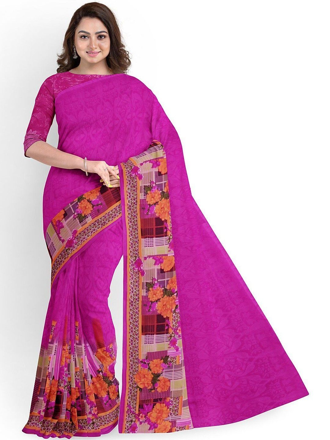 YUGAVEERAA New Women Pink Orange Floral Printed Pure Georgette Fusion Sarees-picture-3