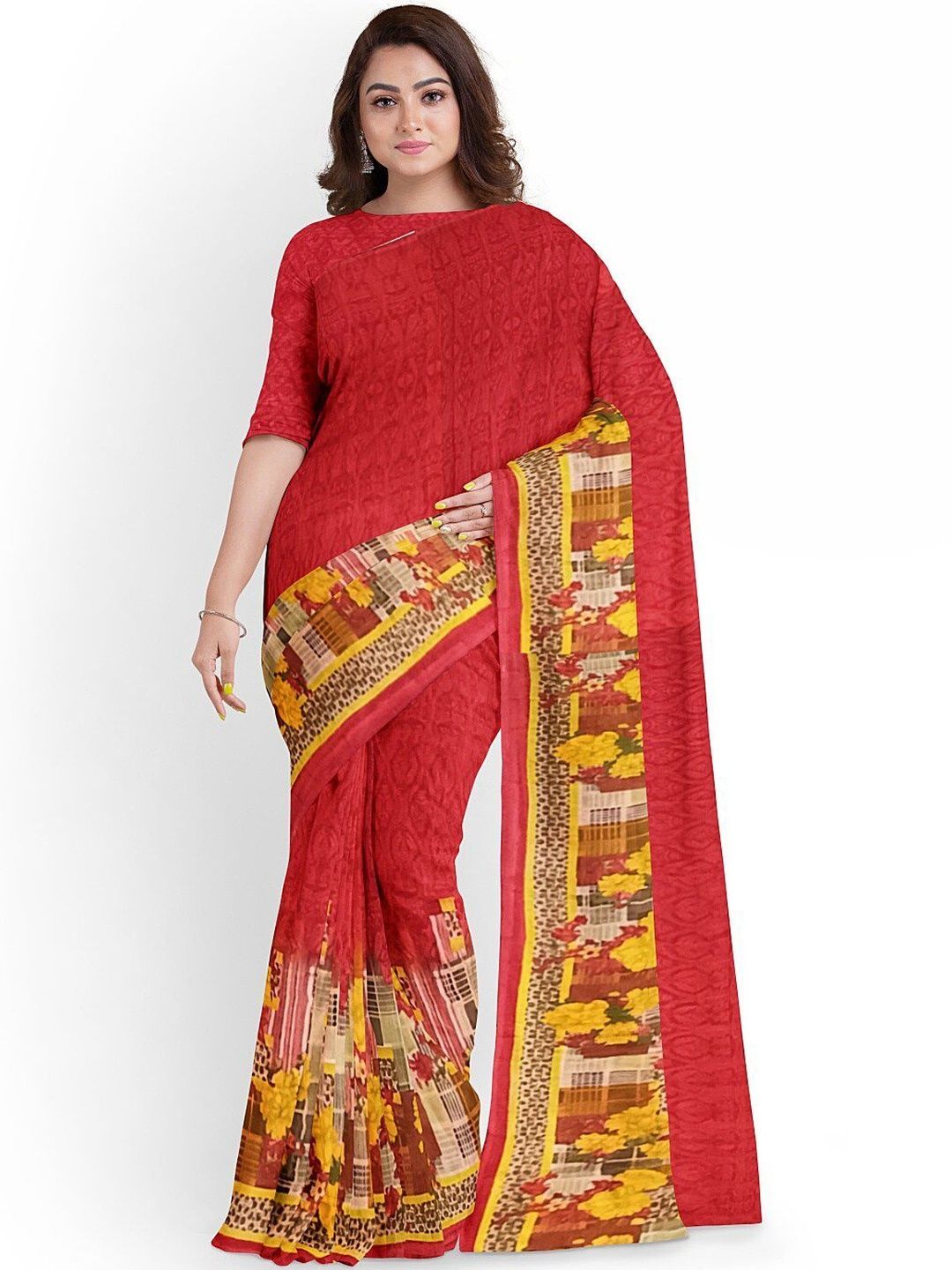 YUGAVEERAA New Women Red Yellow Floral Printed Pure Georgette Fusion Sarees-picture-41