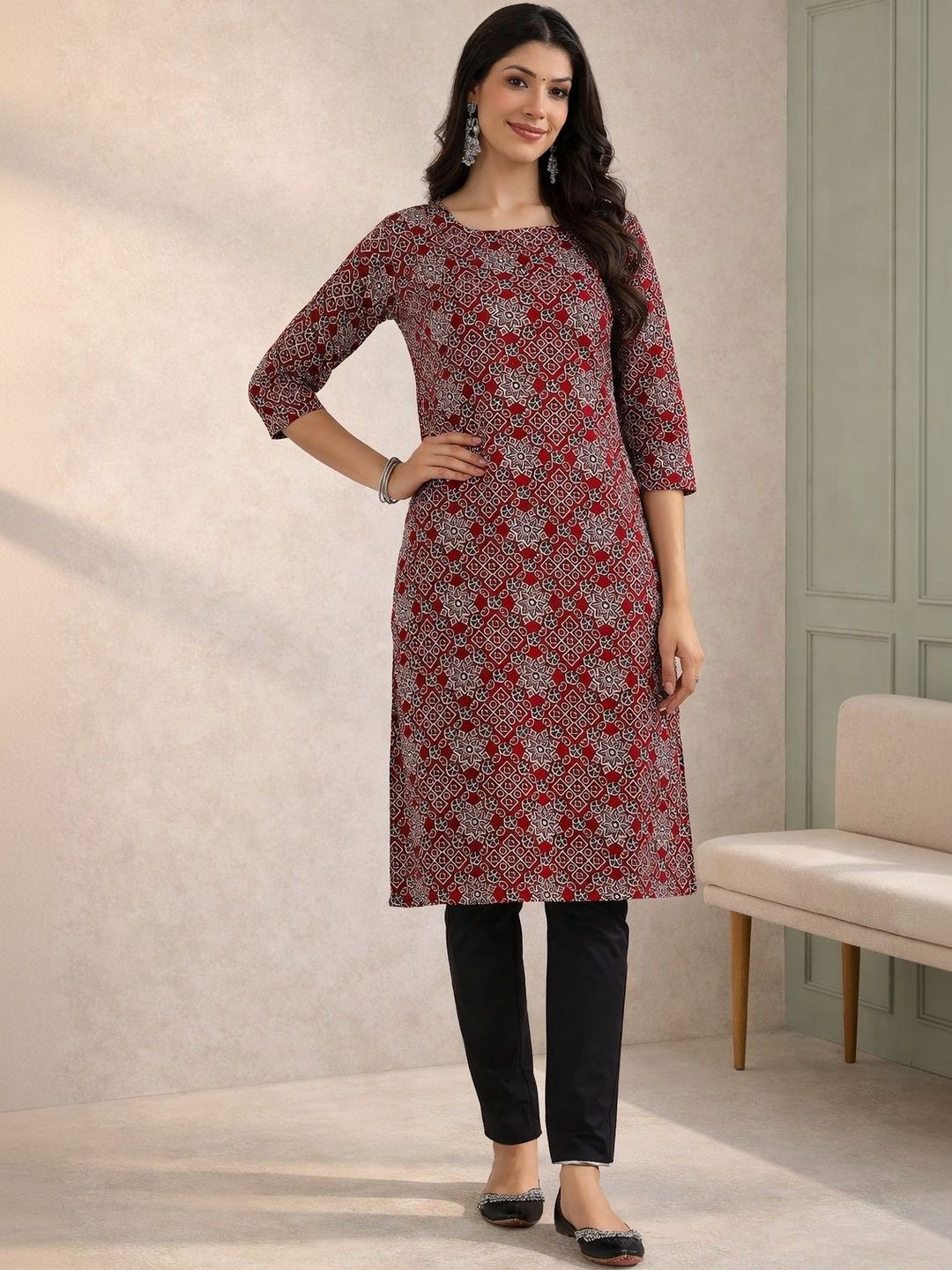 KINDA DESI Women Geometric Printed Thread Work Kurta-picture-32