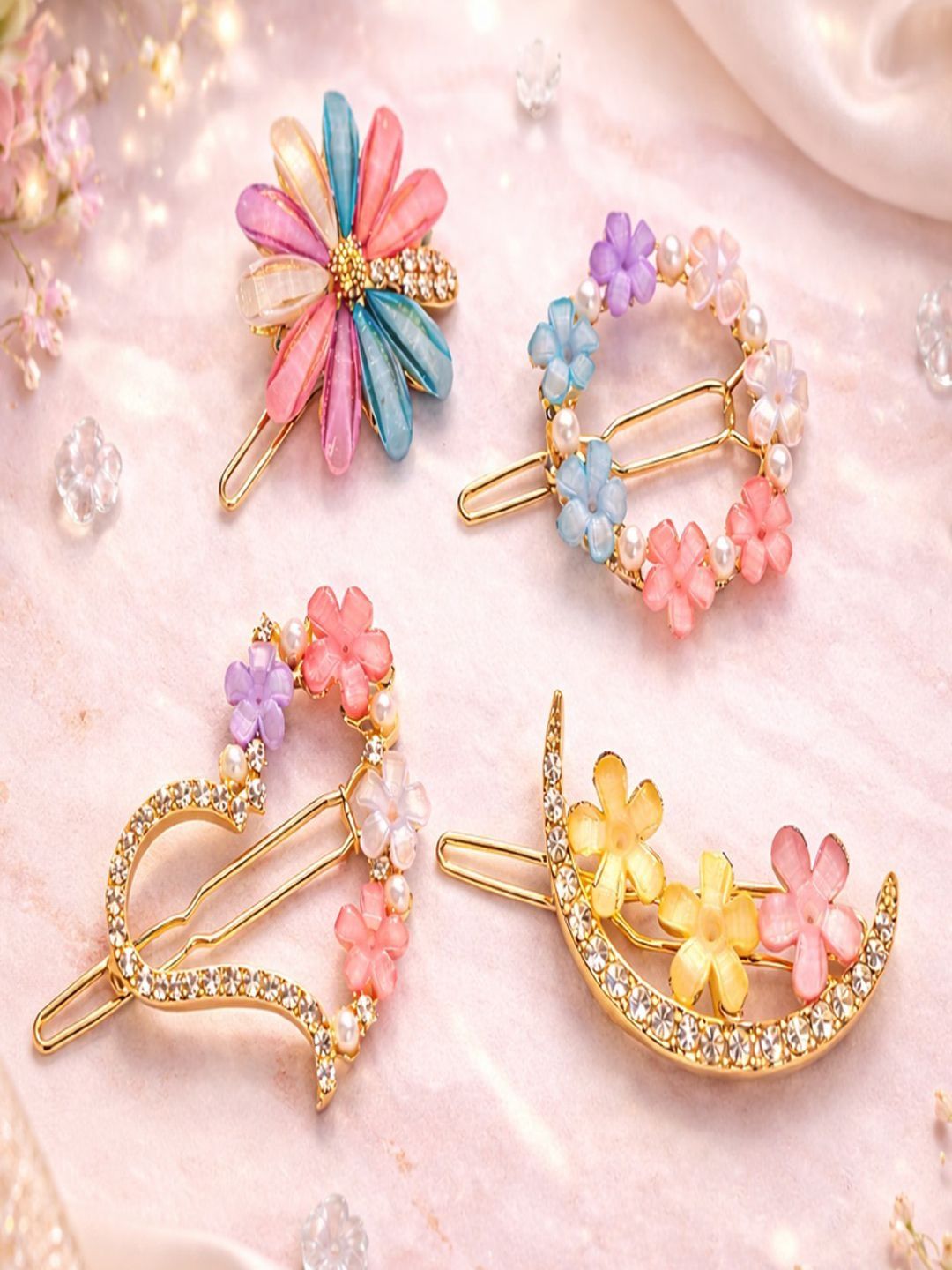 Caprese Luxury 4 Piece Stone Studded Floral Hair Pins - Party Wear Jewelry Hair Accessory-picture-16
