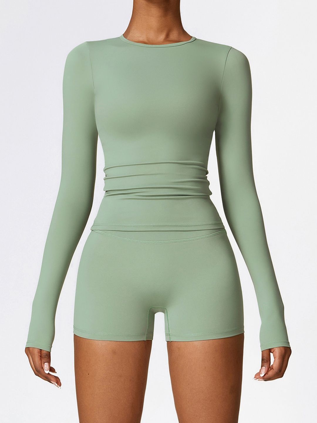 StyleCast Flex Green Round Neck Long Sleeves Solid Top Shorts-picture-17