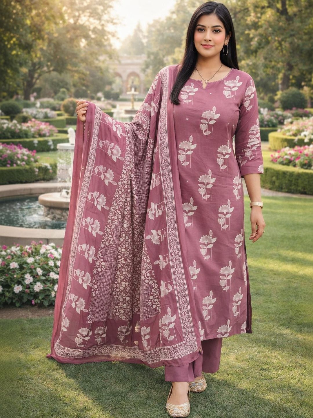 HERE&NOW Women Floral Printed Regular Pure Cotton Kurta with Trousers & With Dupatta-image-39