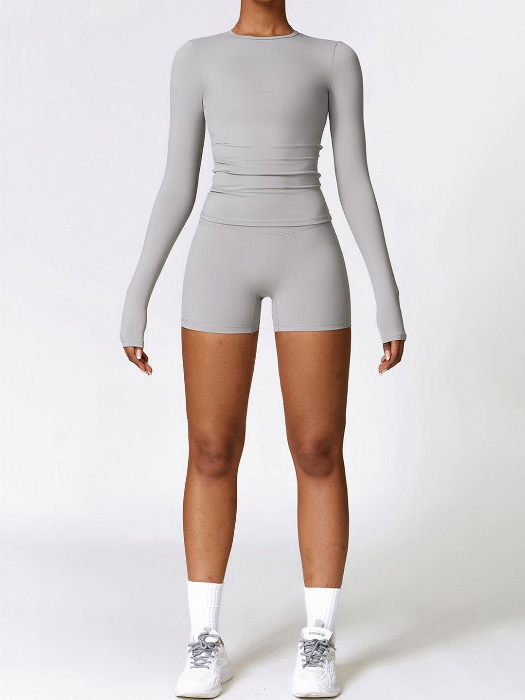 StyleCast Flex Grey Round Neck Long Sleeves Solid Top Shorts-picture-16