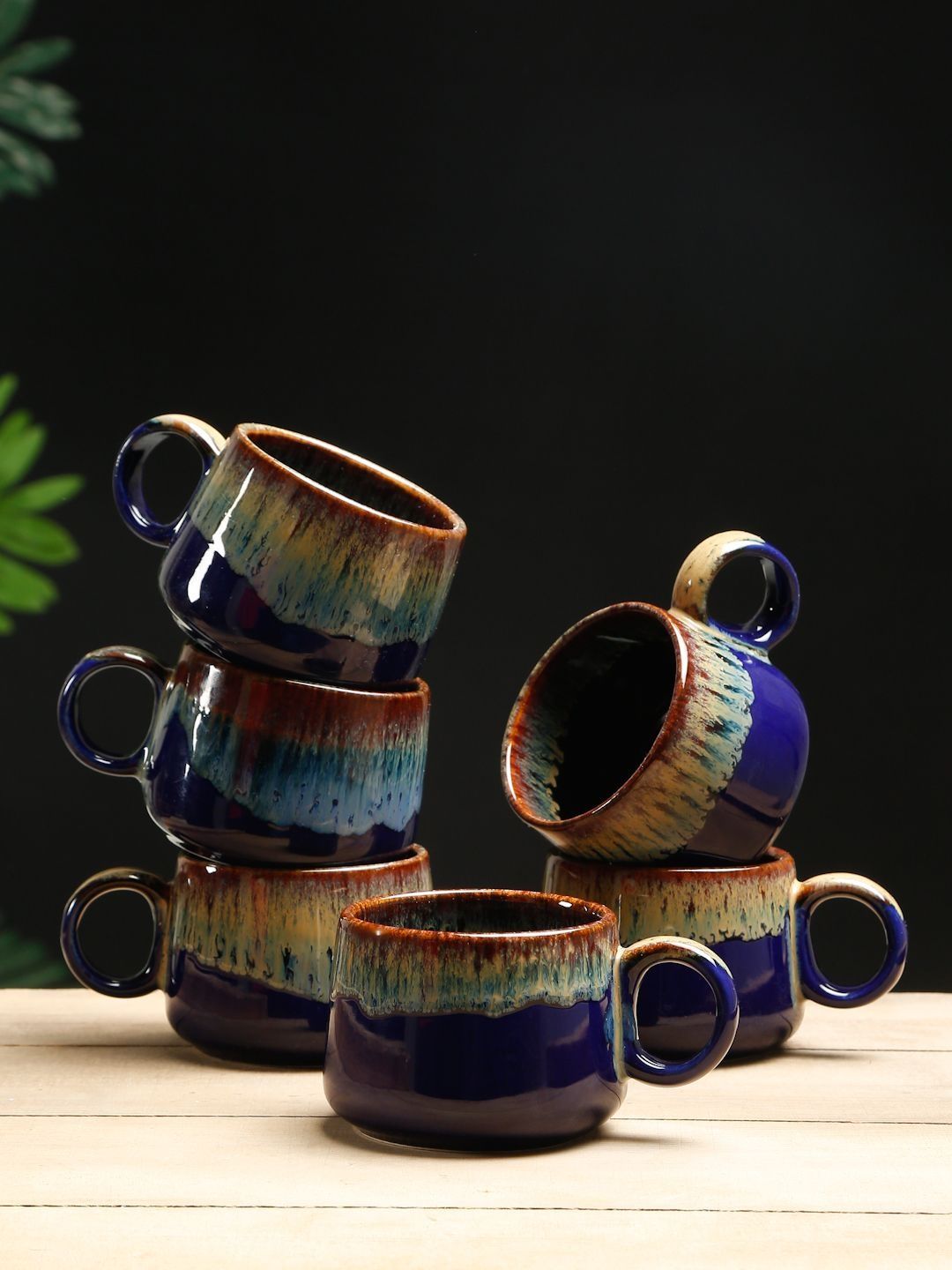 arrabi blue & brown crafted ceramics solid ceramic glossy cups set of cups and mugs