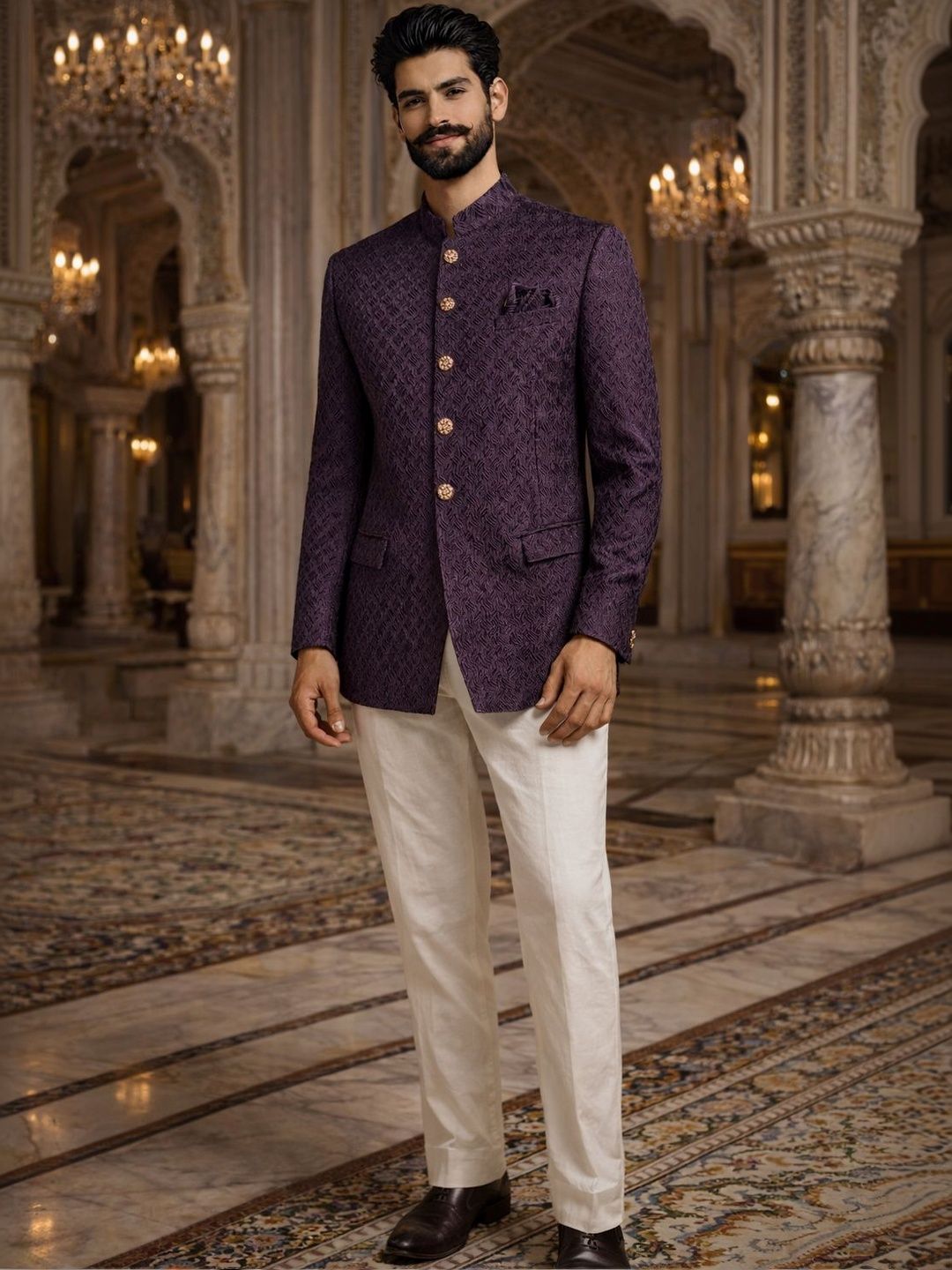 House of Pataudi Self Design Mandarin Collar Jodhpuri Ethnic Blazers-picture-53