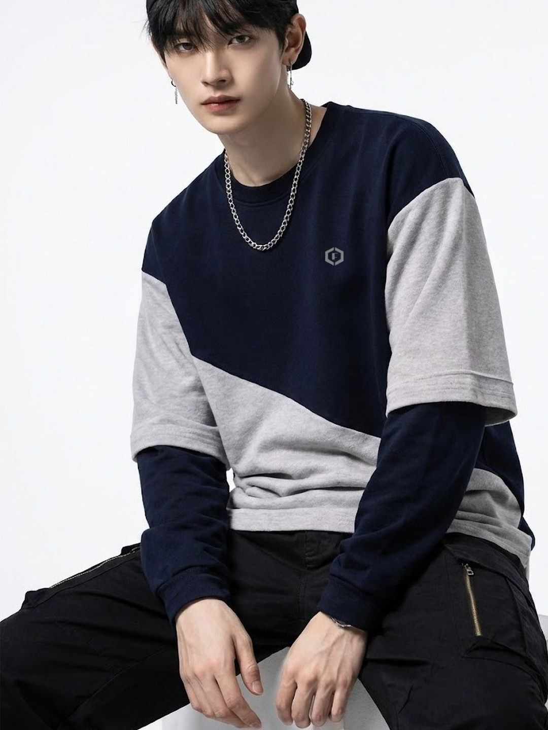 Febue Korean Style Baggy Oversized Colorblock Mens Streetwear Navy Light Grey T-shirts-picture-15