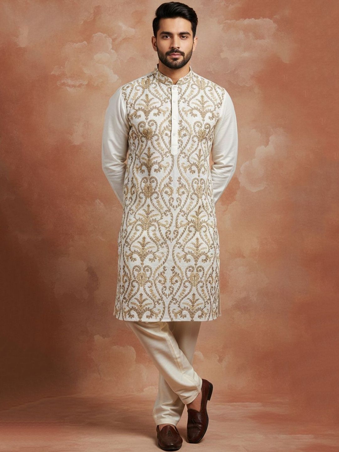 House of Pataudi Ethnic Motifs Embroidered Mandarin Collar Straight Kurta-picture-47