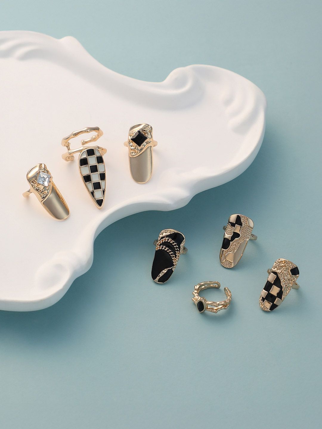 SOHI Set Of 7 Gold-Plated Stone-Studded Finger Nail Rings-image-26