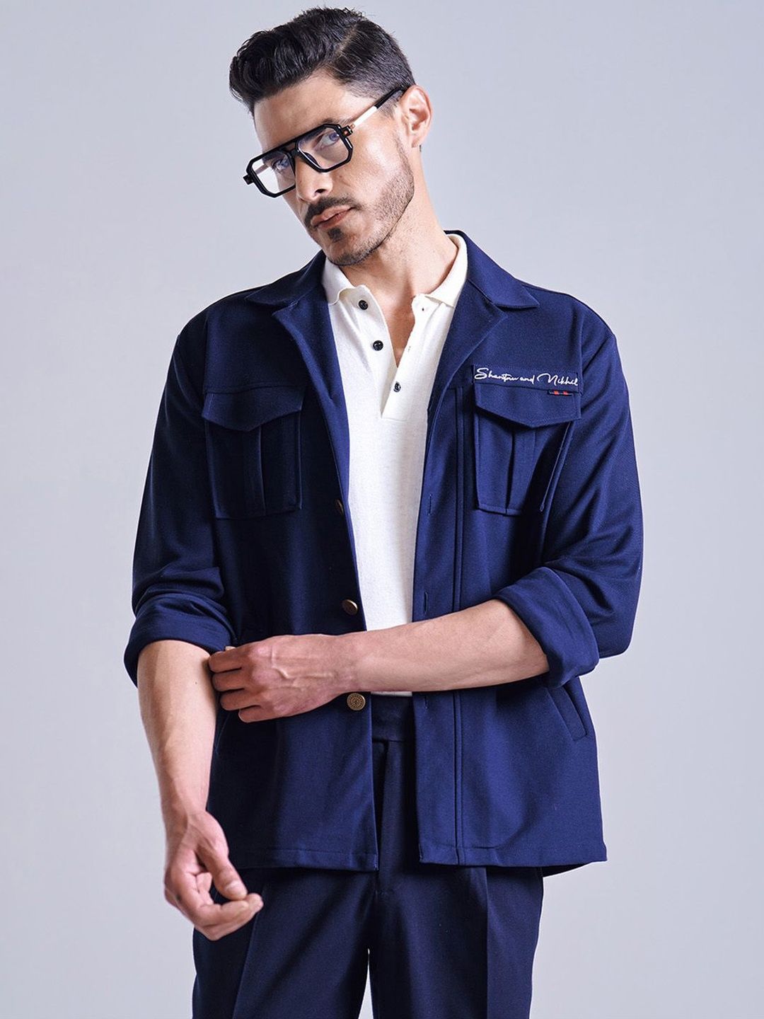 S&N by Shantnu Nikhil Navy Patch Pocket Shirts-picture-30