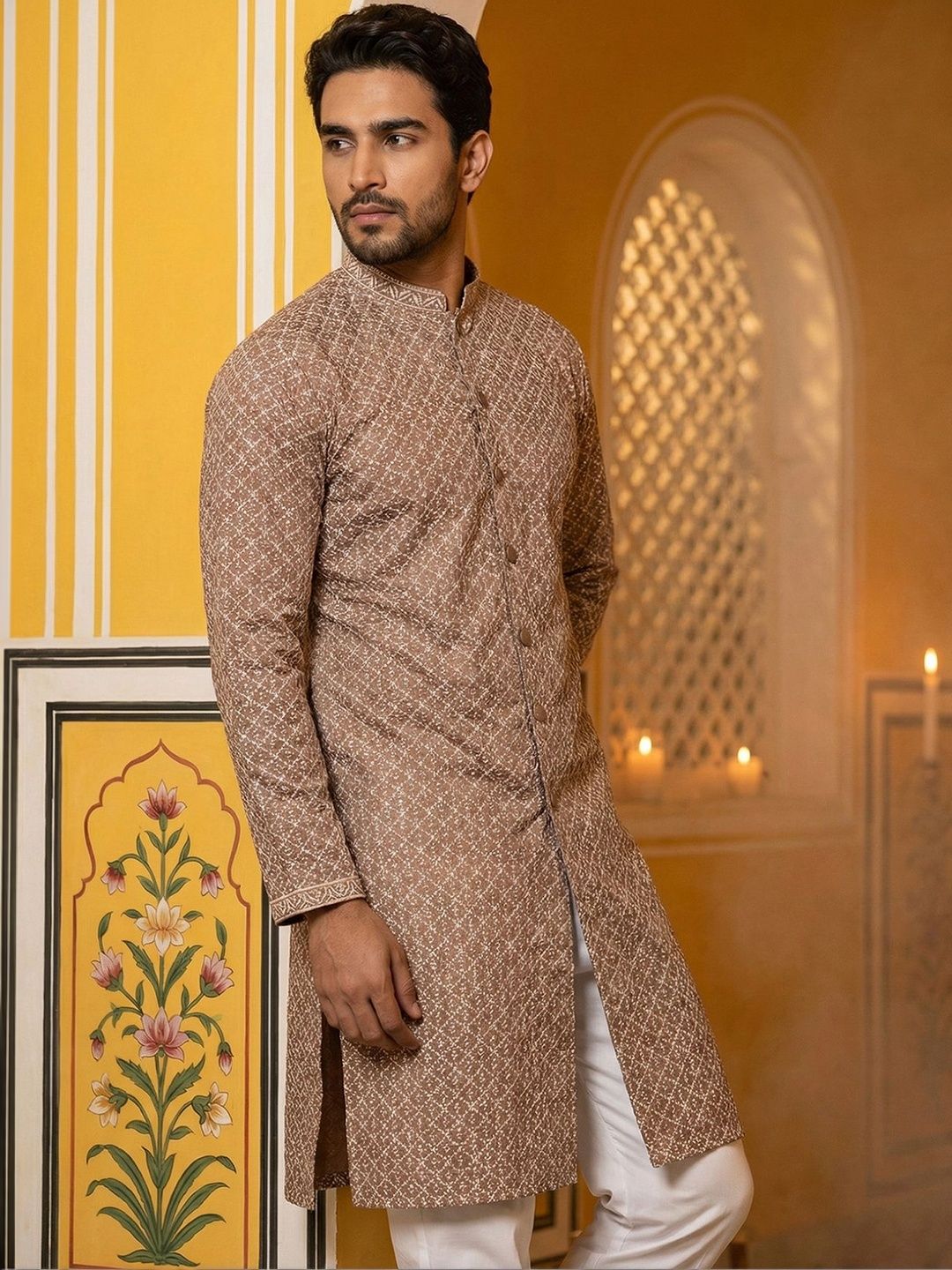 Jompers Men Geometric Embroidered Chikankari Kurta-picture-35
