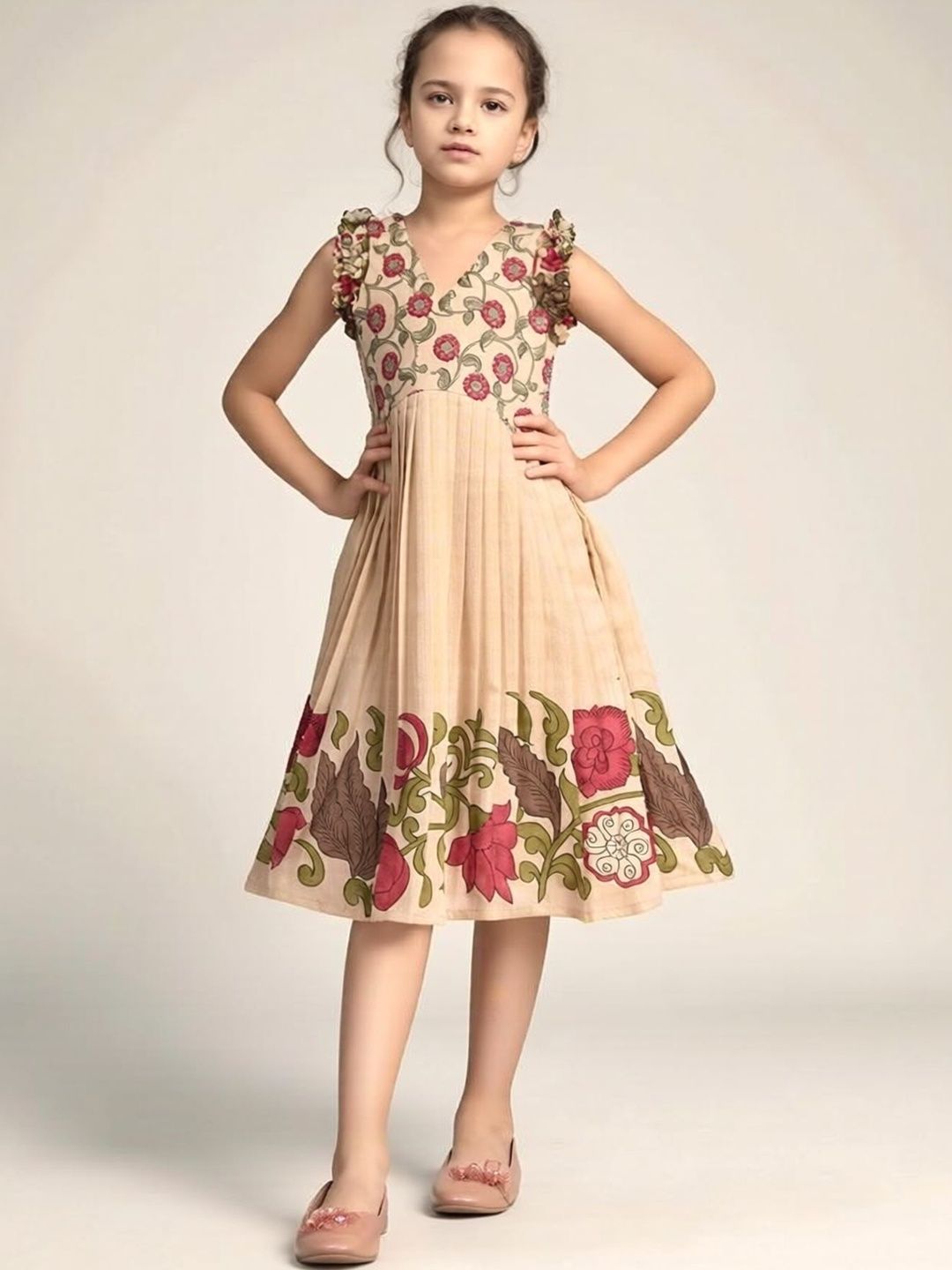 KALINI Girls Floral Printed Linen Blend Ethnic Dress-picture-43