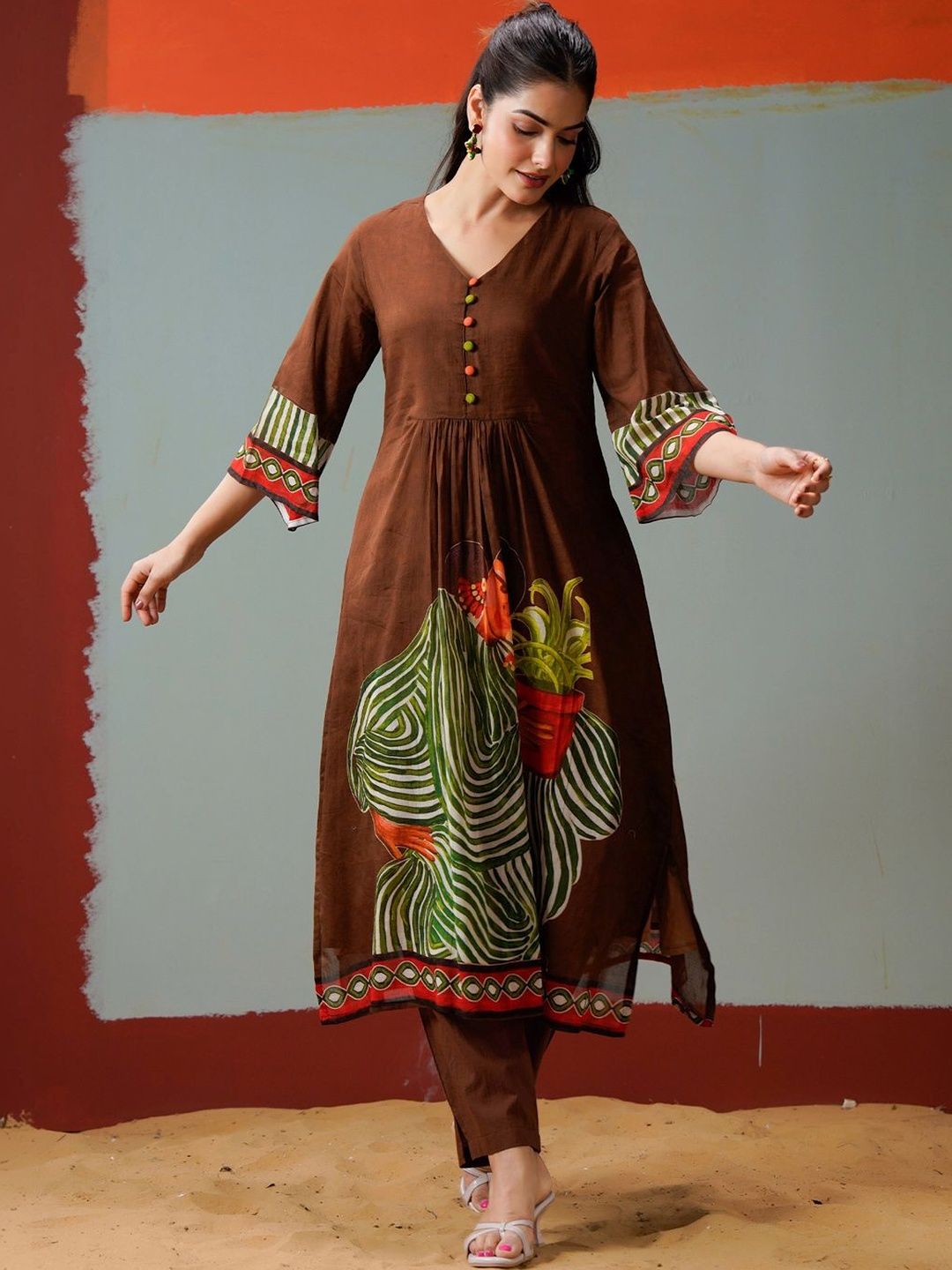 Indo Era Brown Printed A-line Kurta Trousers Set-image-12