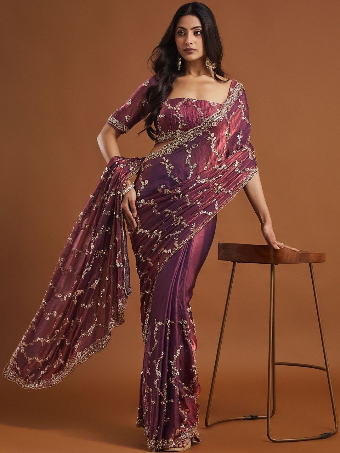 kasee Women's Wine Embellished Silk Blend Sarees-picture-34