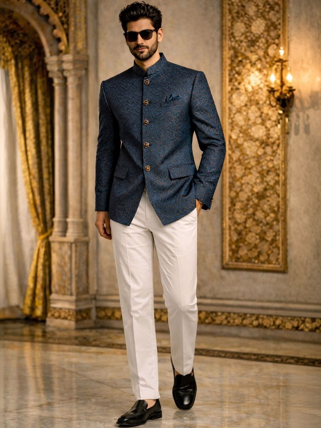 House of Pataudi Self Design Mandarin Collar Jodhpuri Ethnic Blazers-picture-46