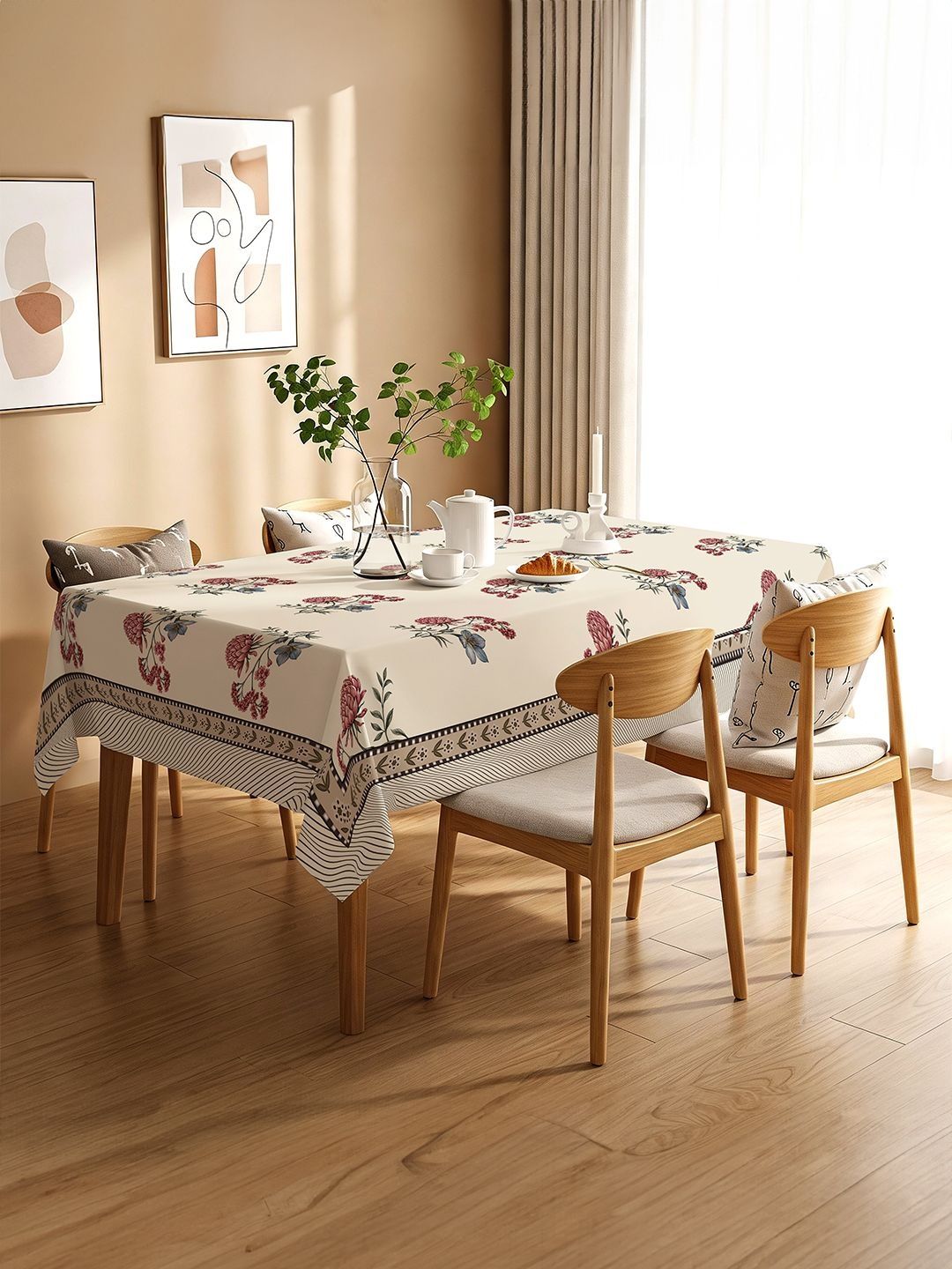 URBAN SPACE White Floral Anti-Skid 6-Seater Table Cover with Textured details-picture-23