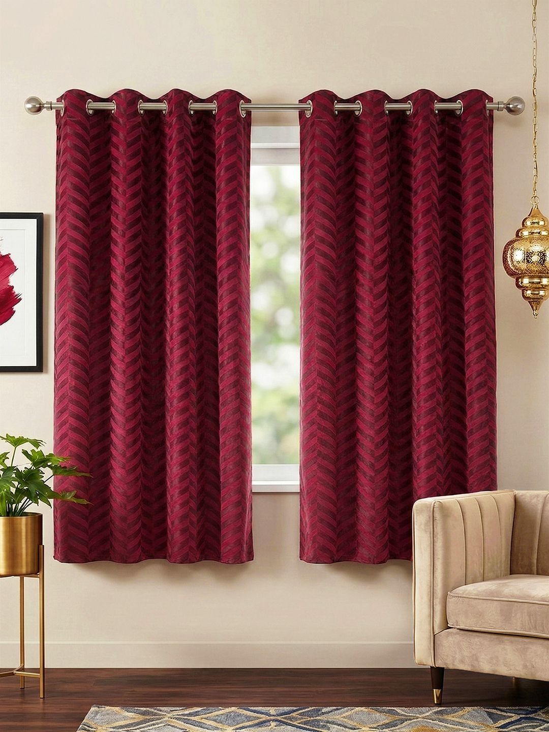 Story@home Maroon Set of 2 Geometric Room Darkening Window Curtain-image-35