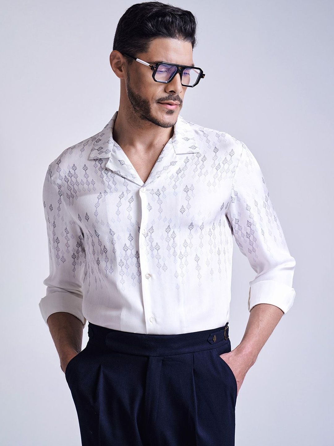 S&N by Shantnu Nikhil Off White Adamas Printed Sill Twill Shirts-image-49
