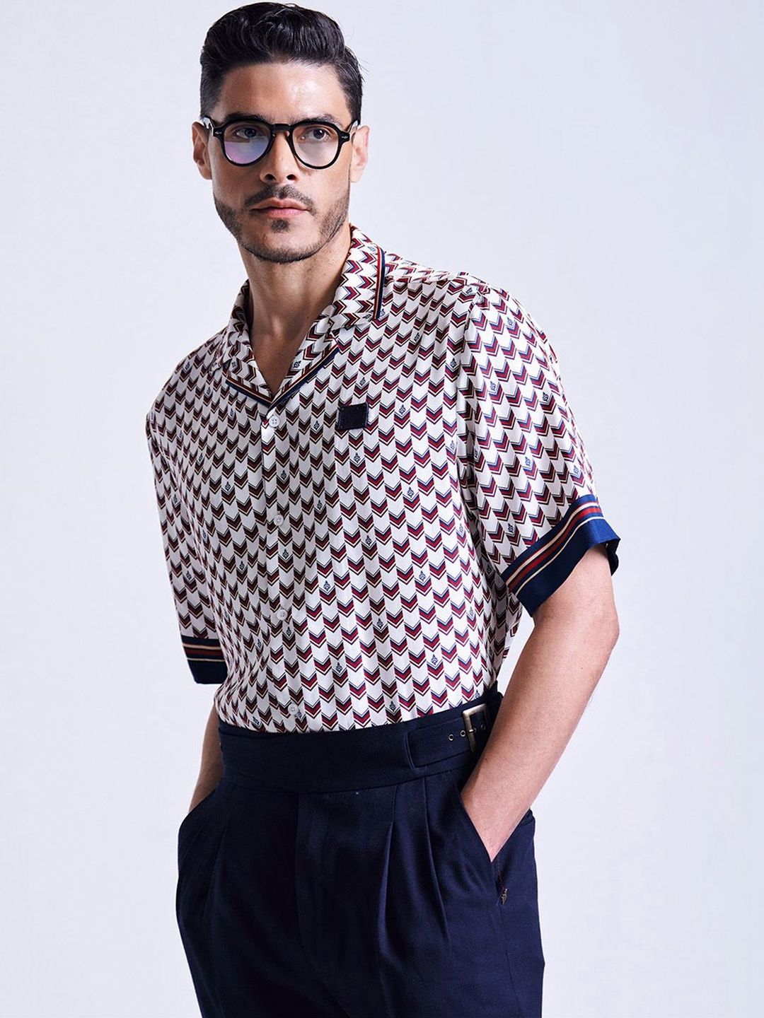S&N by Shantnu Nikhil Off White Chevron Printed Silk Shirts-image-17
