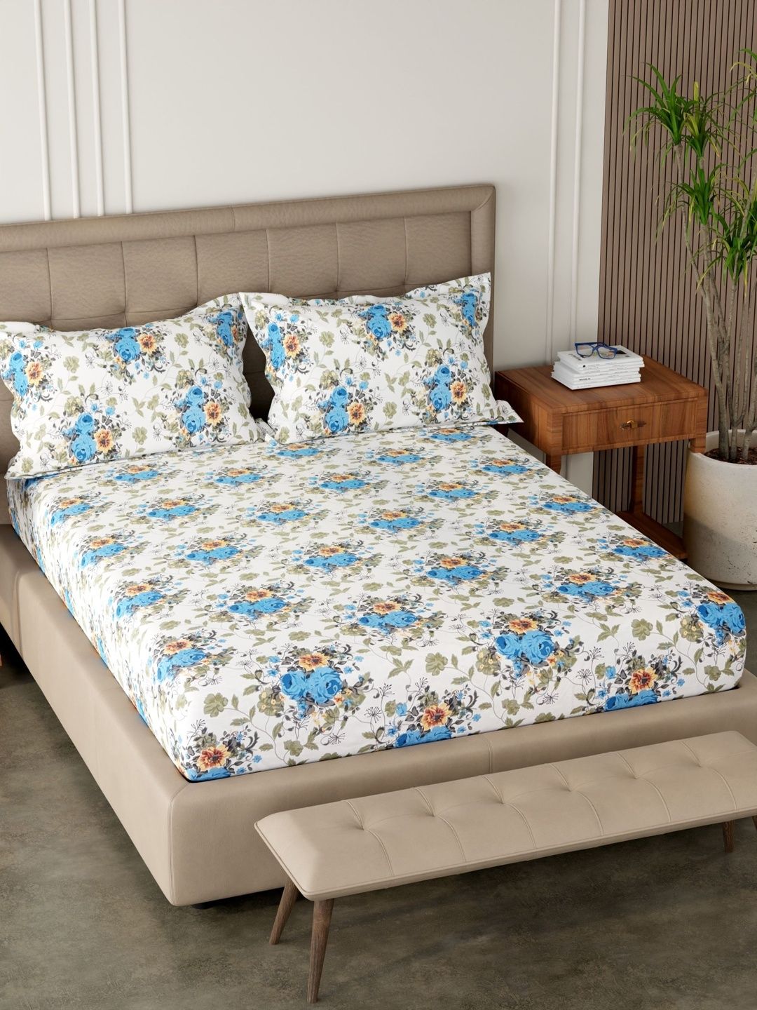 Pure Decor White & Blue Floral 180 TC King Bedsheet with 2 Pillow Covers-picture-38