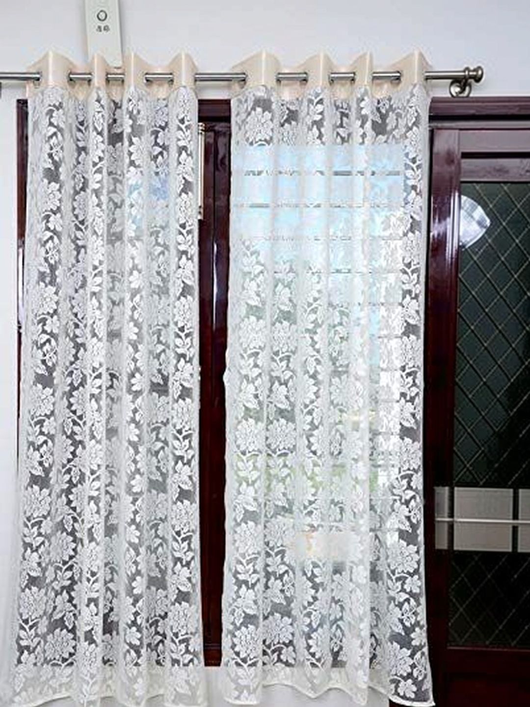 RIDHAAN Cream-Coloured Set of 2 Floral Sheer Door Curtain-image-40