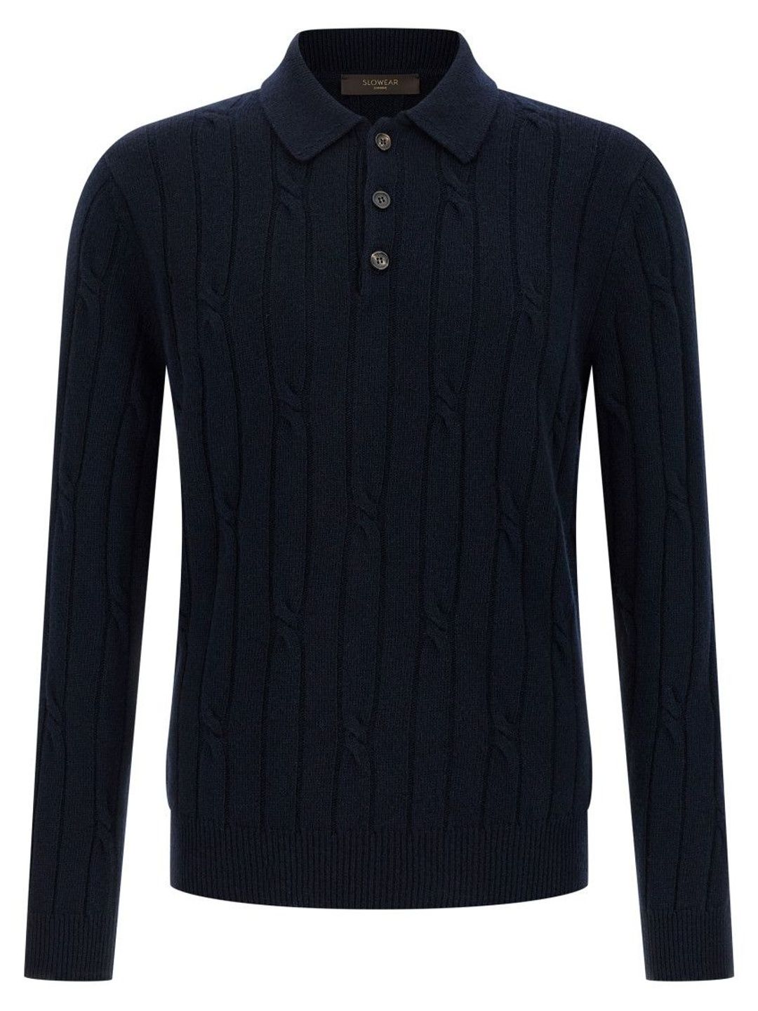 Navy Blue Braided Wool Polo Shirt-image-4