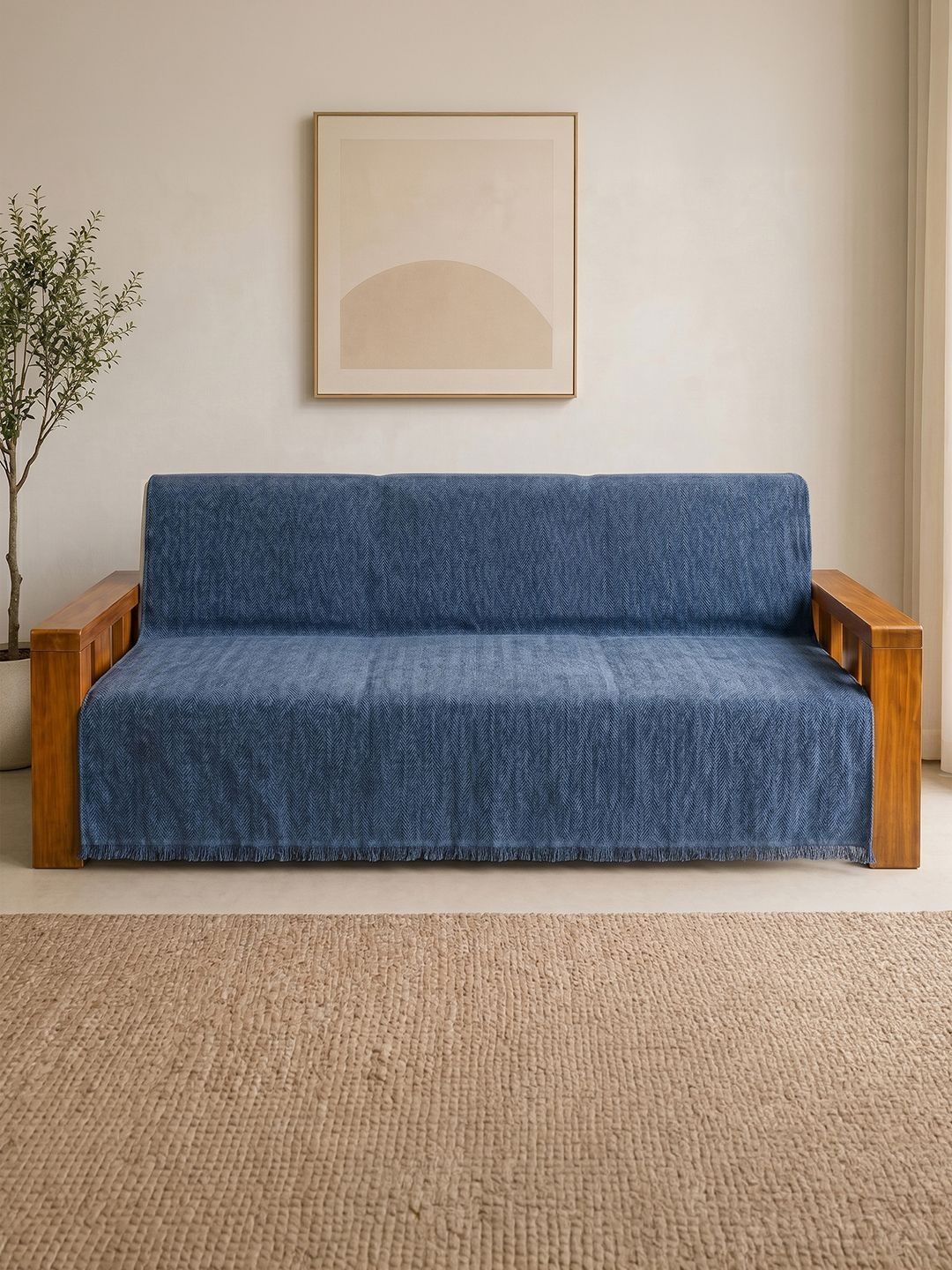 Story@home Blue & Blue Solid 1 Piece Sofa Cover Without Arms-image-30