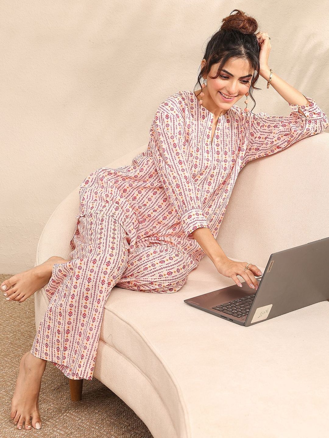 Libas Women Peach Printed Cotton Night Suit-image-35