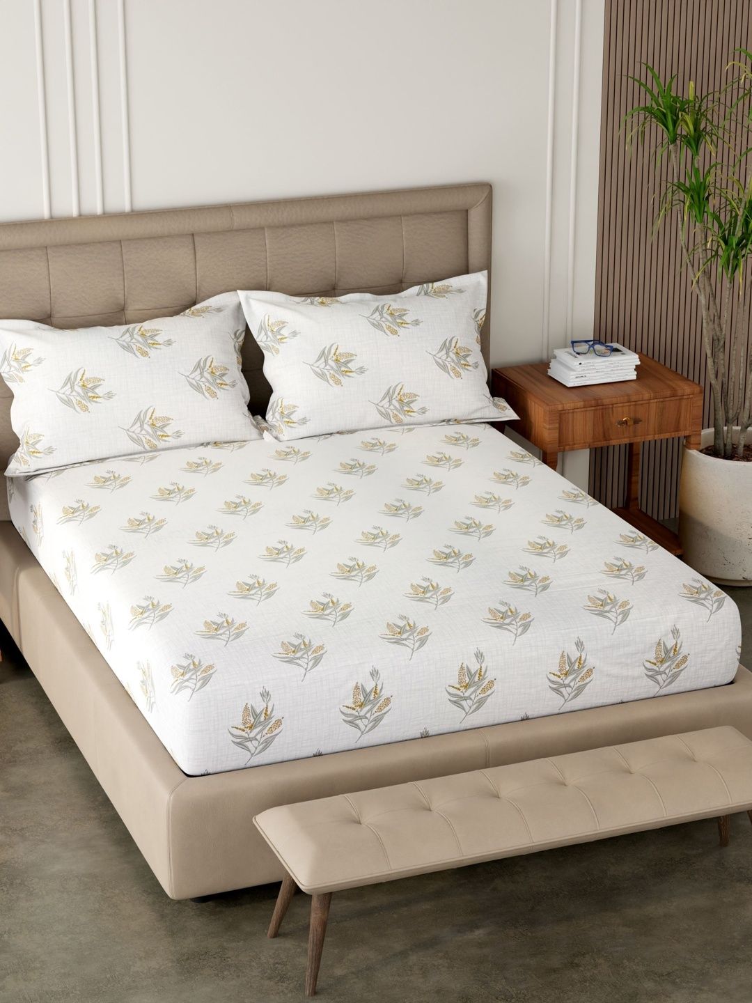 Pure Decor White & Mustard Floral 180 TC King Bedsheet with 2 Pillow Covers-image-23