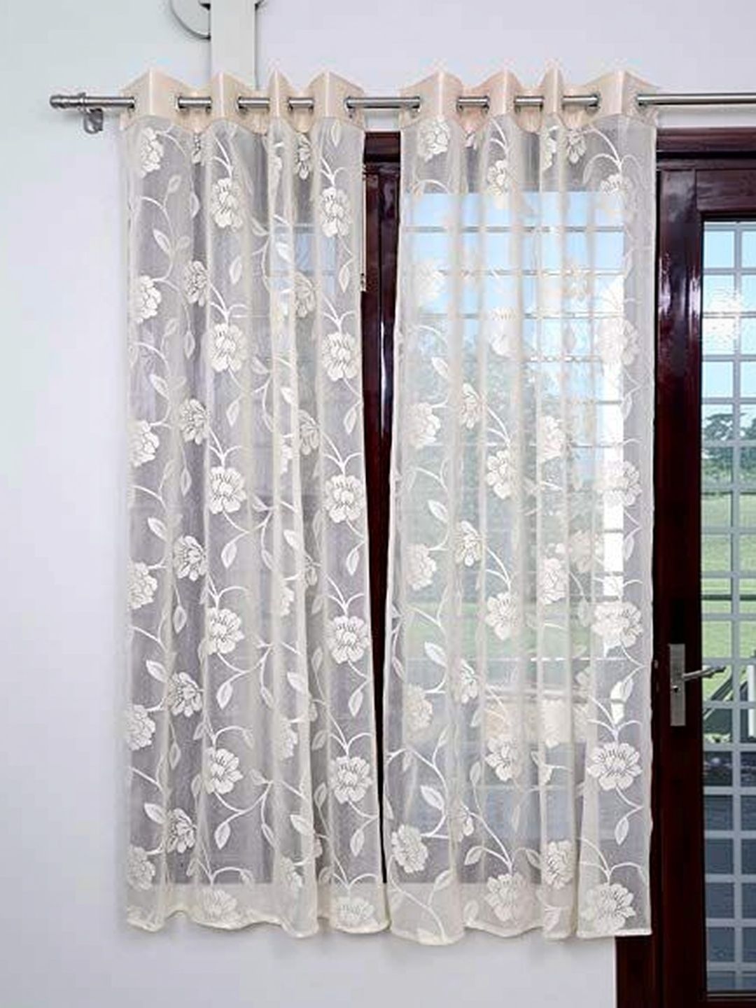 Vervique Cream-Coloured Floral Sheer Door Curtain-image-10