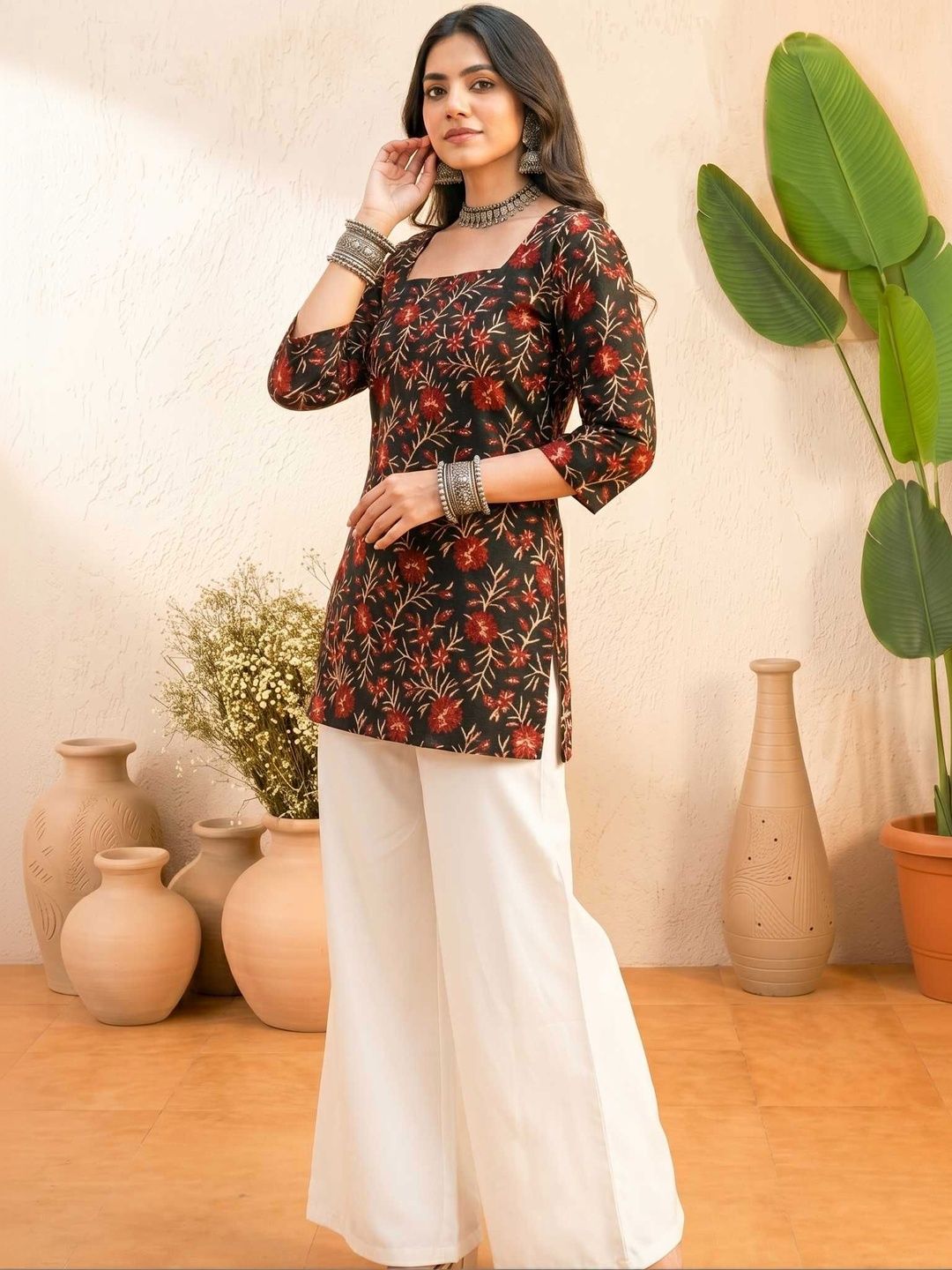 Sangria Floral Printed Pure Cotton Square Neck Straight Kurtis-picture-12