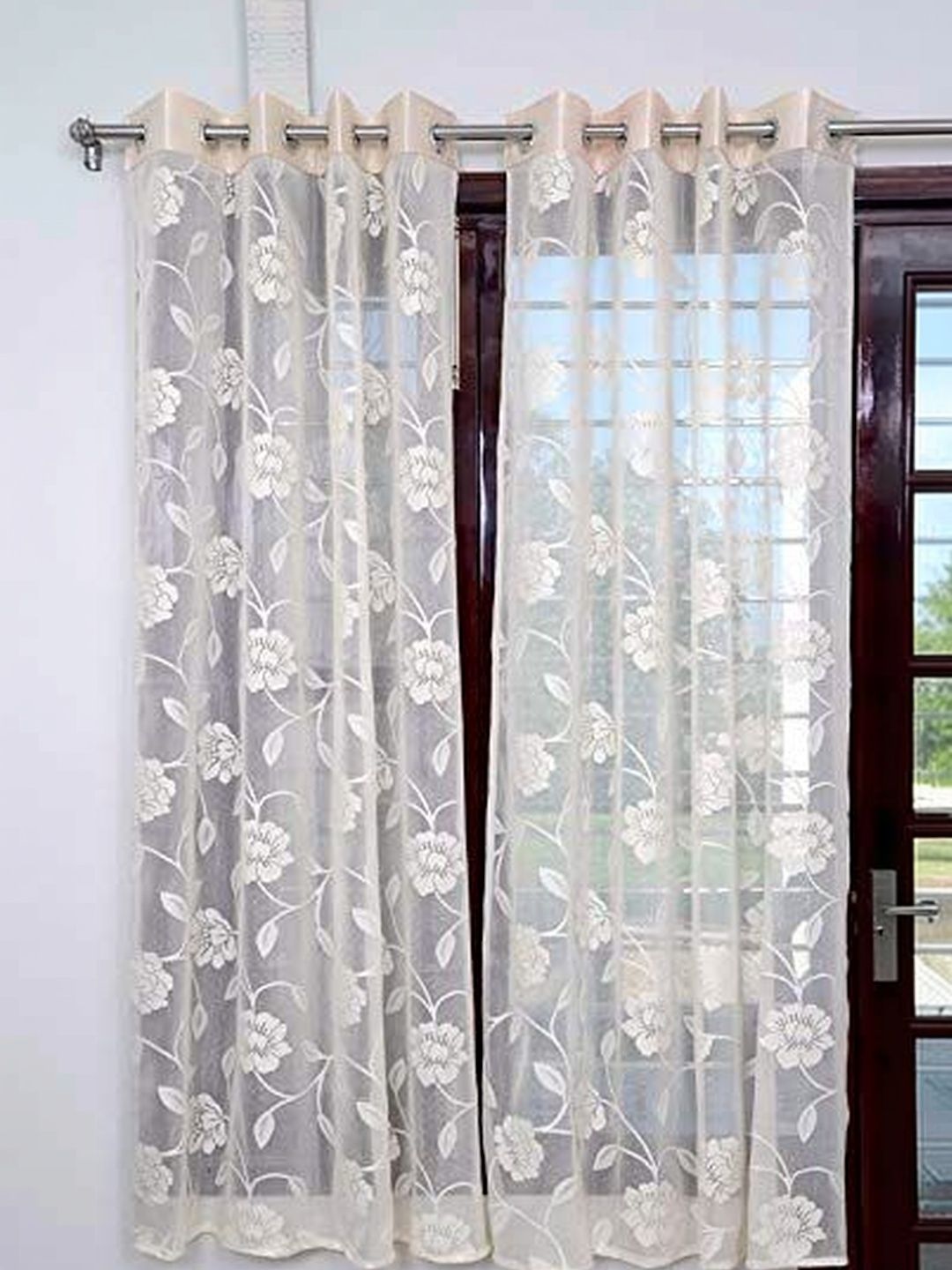 Vervique Cream-Coloured Set of 2 Floral Sheer Long Door Curtain-image-30