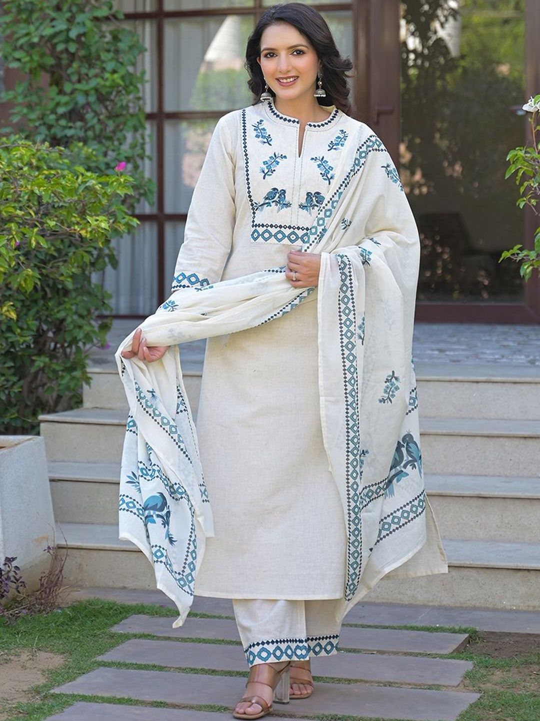 ARAVALII Women Ethnic Motifs Embroidered Regular Thread Work Pure Cotton Kurta with Trousers & With Dupatta-picture-37