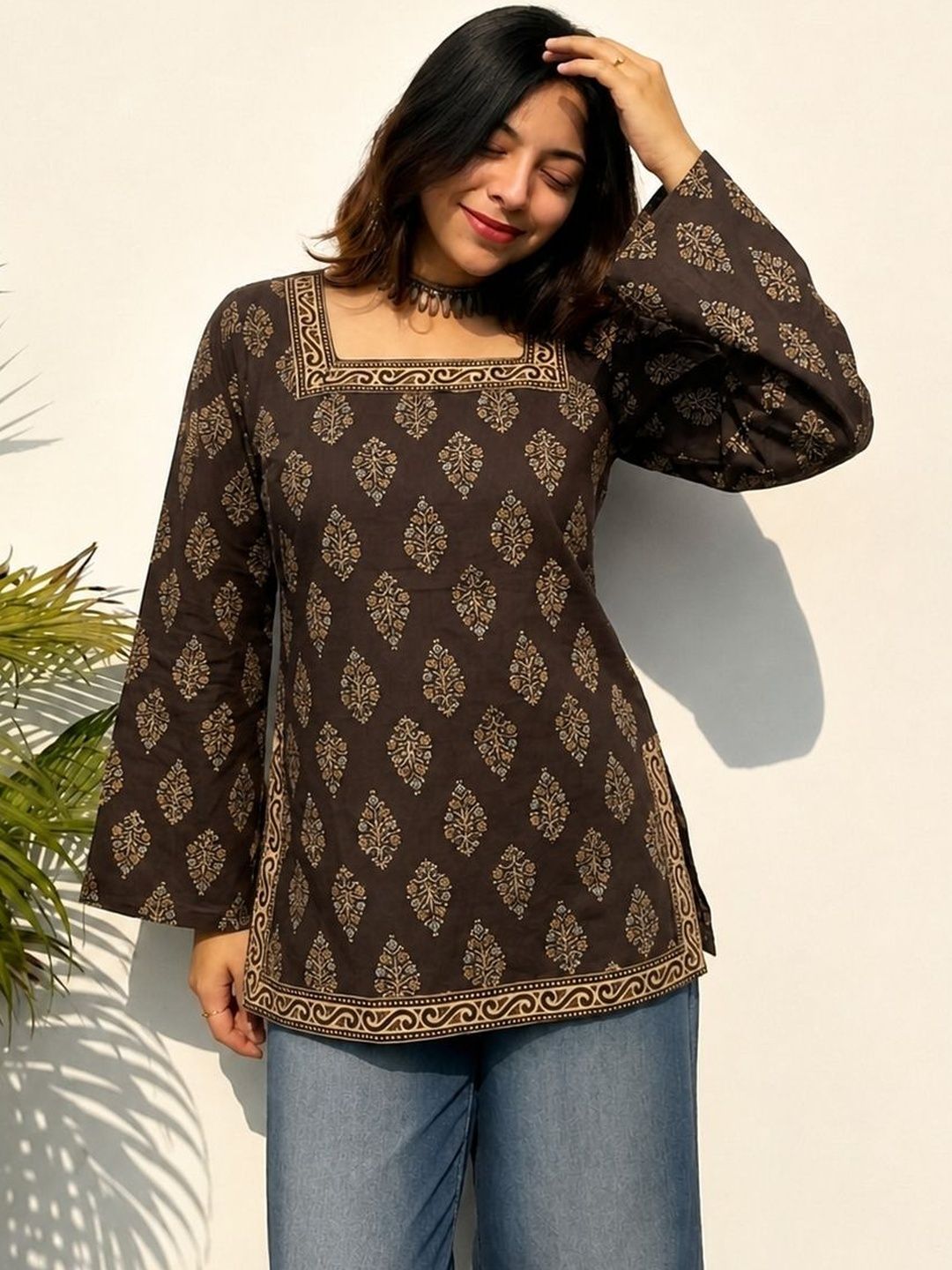 JAHIDA COMFORT WITH STYLE Ethnic Motifs Printed Square Neck Flared Sleeves Pure Cotton Kurti-picture-24
