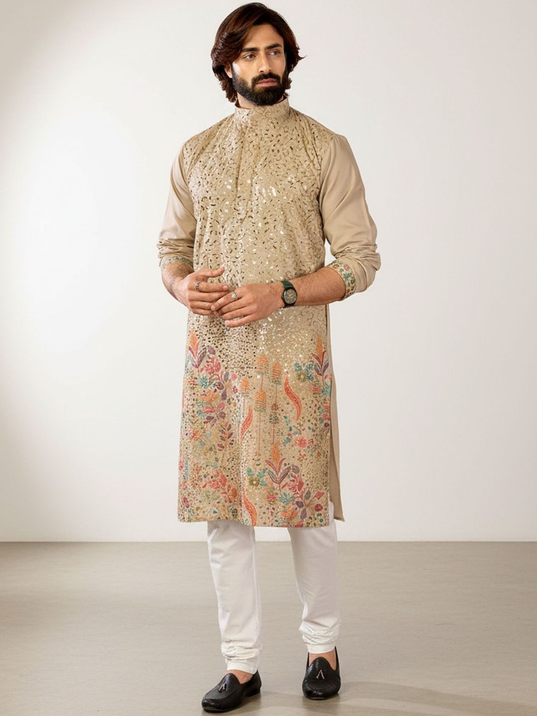 RANGRAAG Men Floral Embellished Sequinned Kurta-image-3