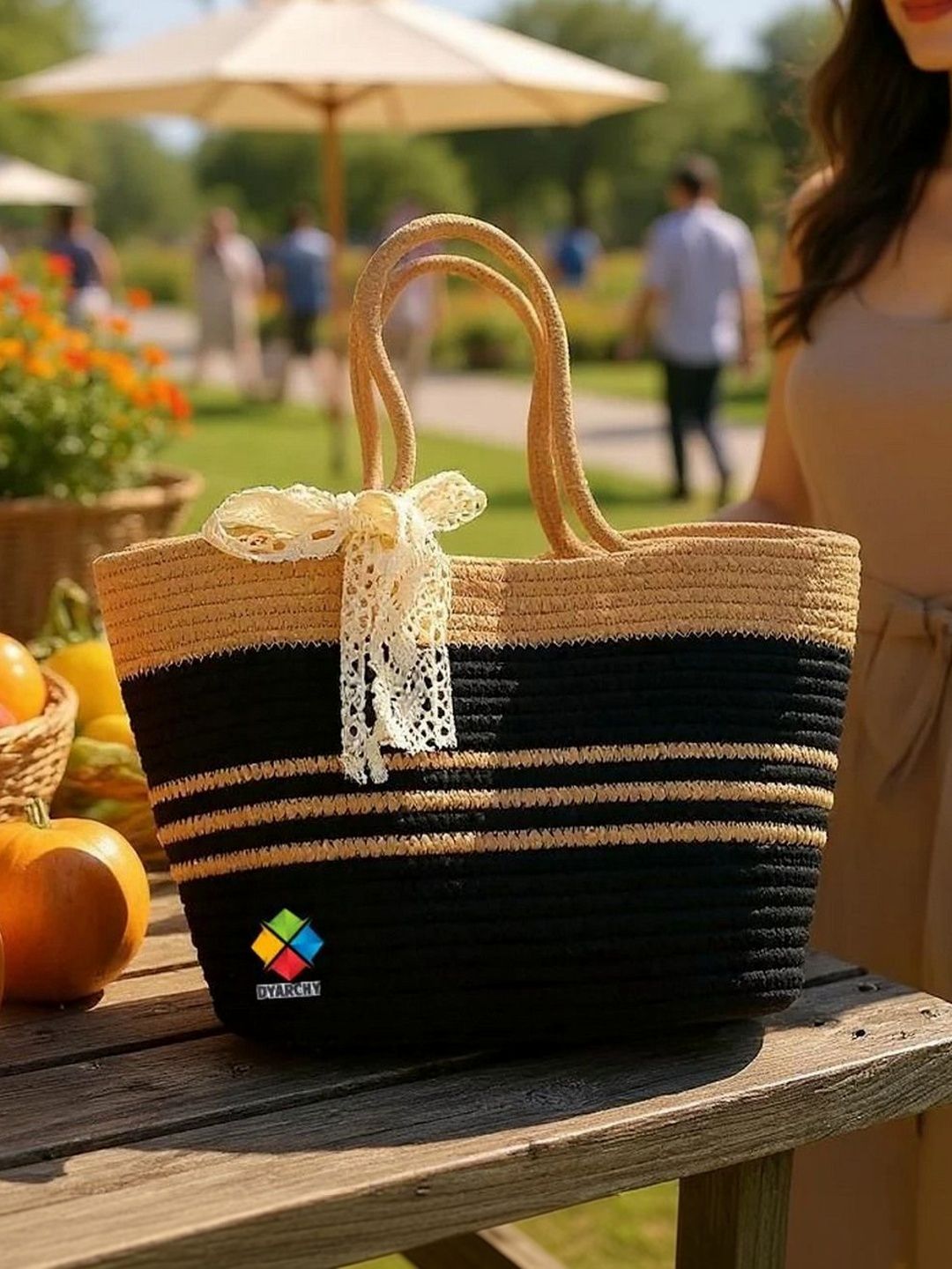 DYARCHY Striped Tote Bag with Bow Detail-picture-23