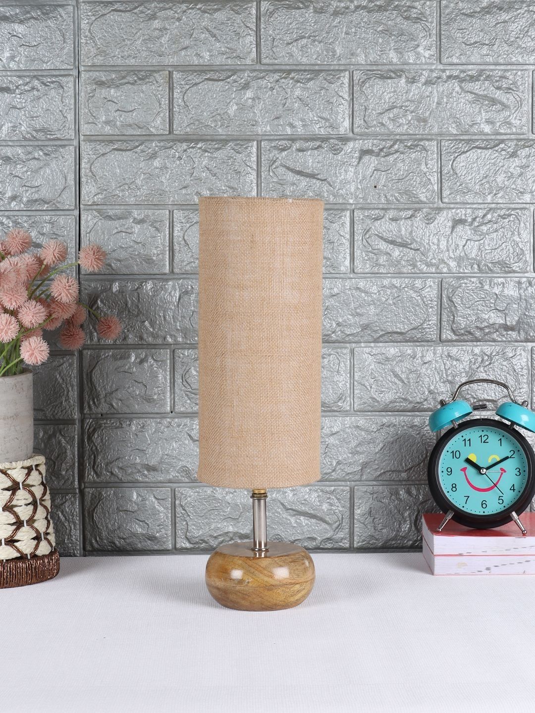 Aura Beige Textured Wood Cylindrical Shaped Table Lamp-image-24