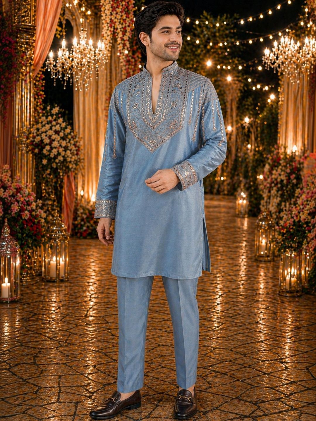 House of Pataudi Embroidered Mandarin Collar Kurta & Trousers-picture-32