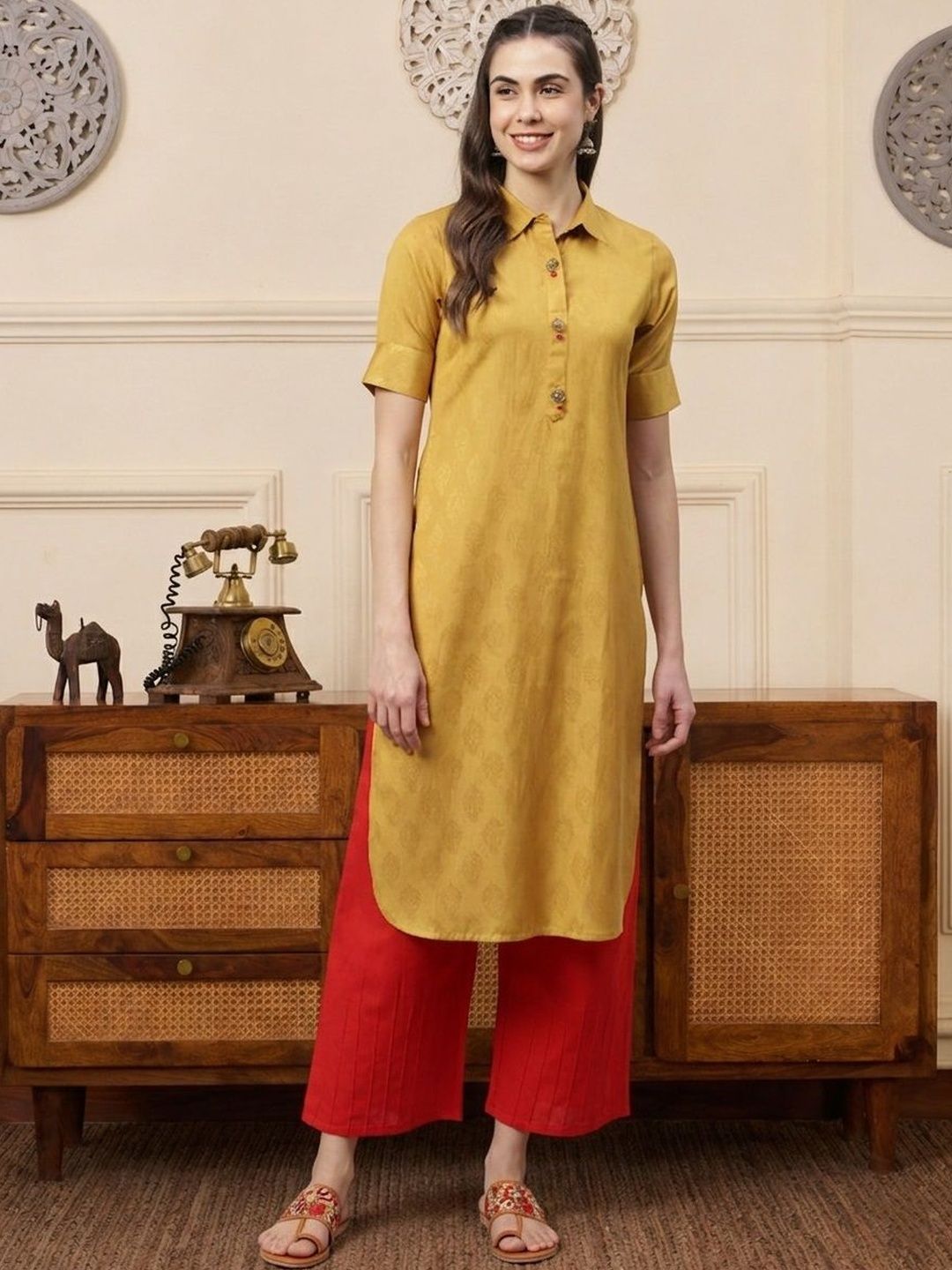 HK colours of fashion Women Shirt Collar Neck Jacquard Detailing Pathani Kurta-picture-25