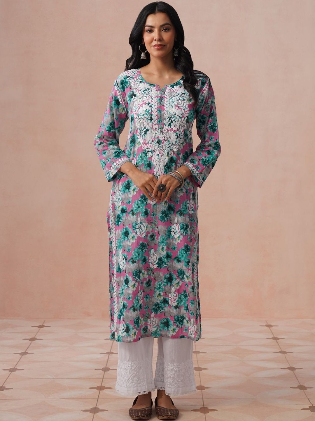 House of Chikankari Women Floral Printed Thread Work Floral Kurta-picture-20