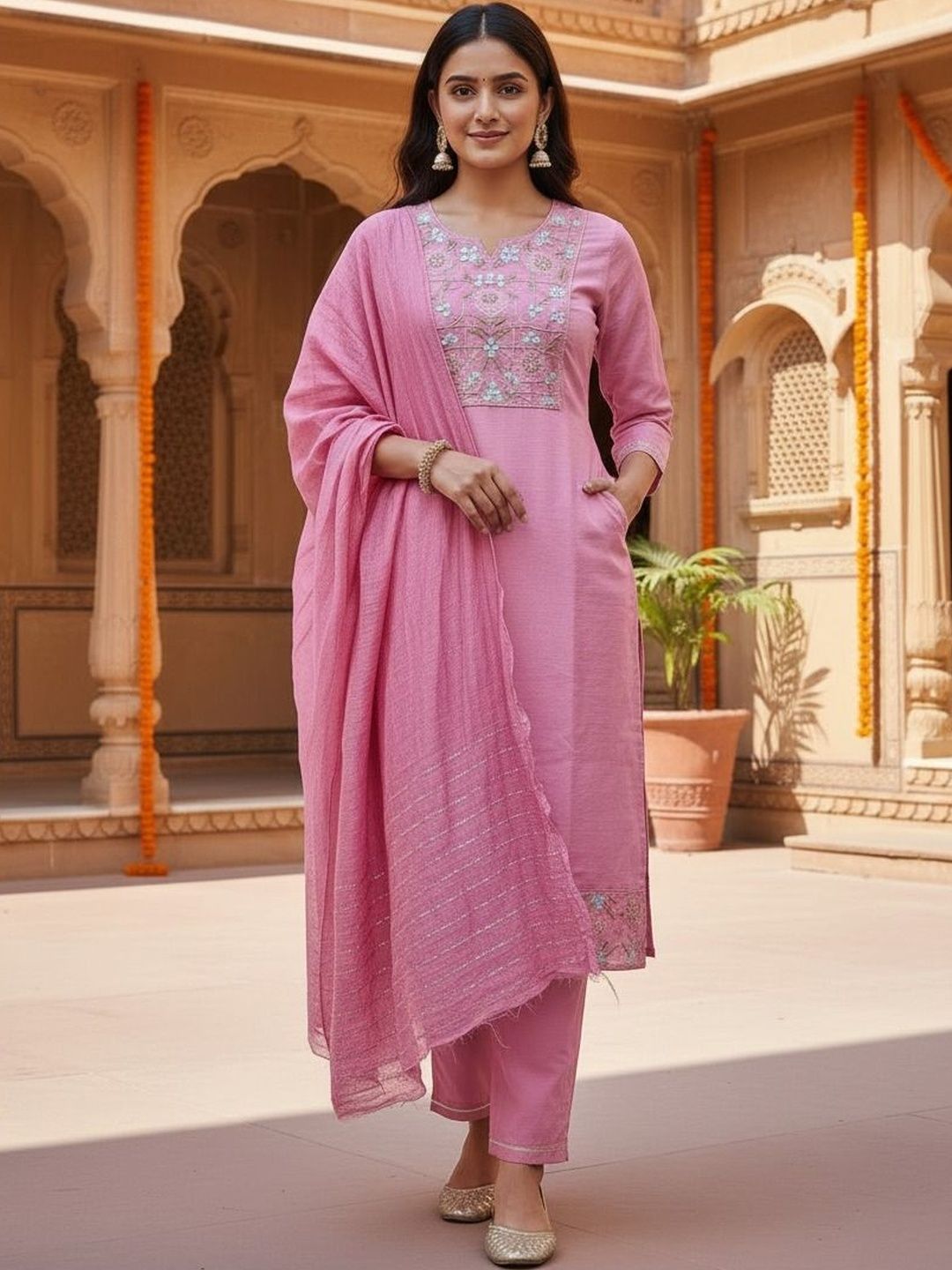 Sangria Self Design Round Neck Kurta & Trousers With Dupatta-picture-49