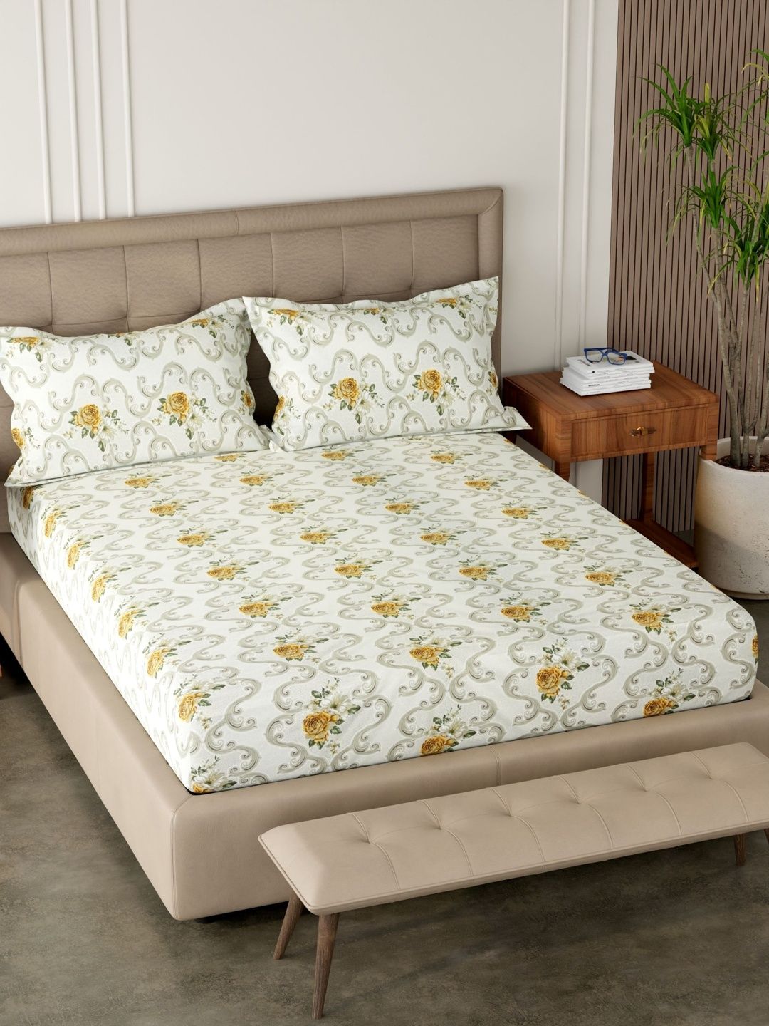 Pure Decor White & Orange Floral 180 TC King Bedsheet with 2 Pillow Covers-image-45