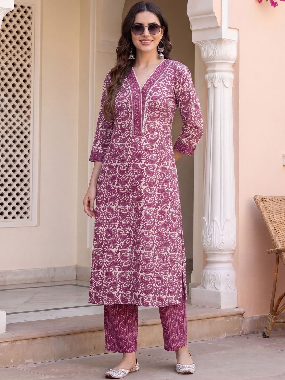 Indo Era Women Ethnic Motifs Printed Regular Pure Cotton Kurta with Trousers-picture-21