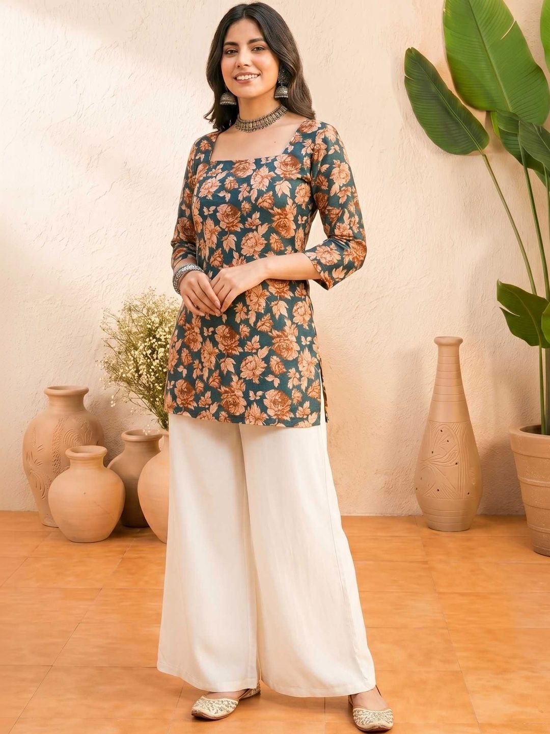 Sangria Floral Printed Pure Cotton Square Neck Straight Kurtis-picture-26