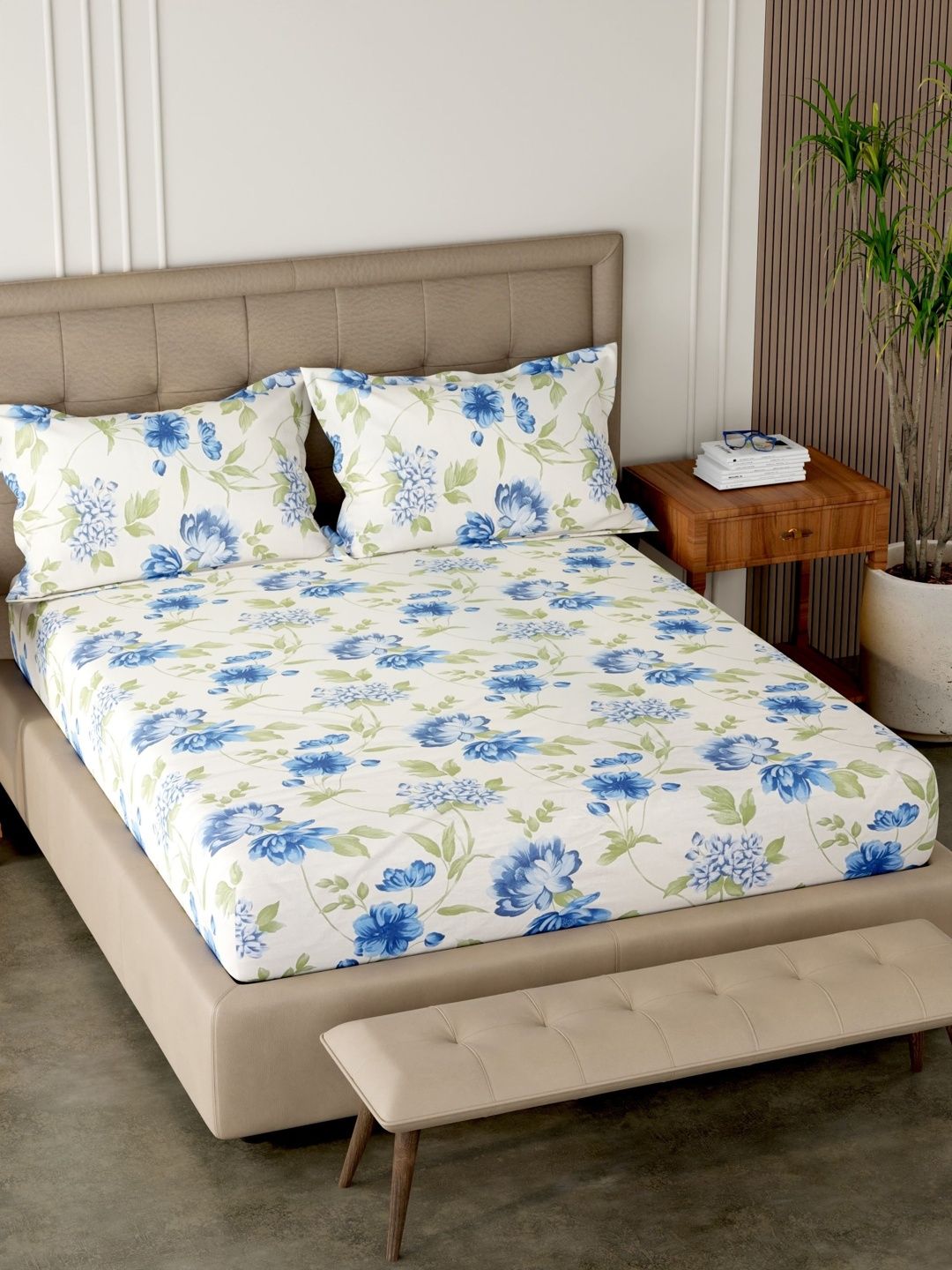 Pure Decor Off White & Blue Floral 180 TC King Bedsheet with 2 Pillow Covers-image-29