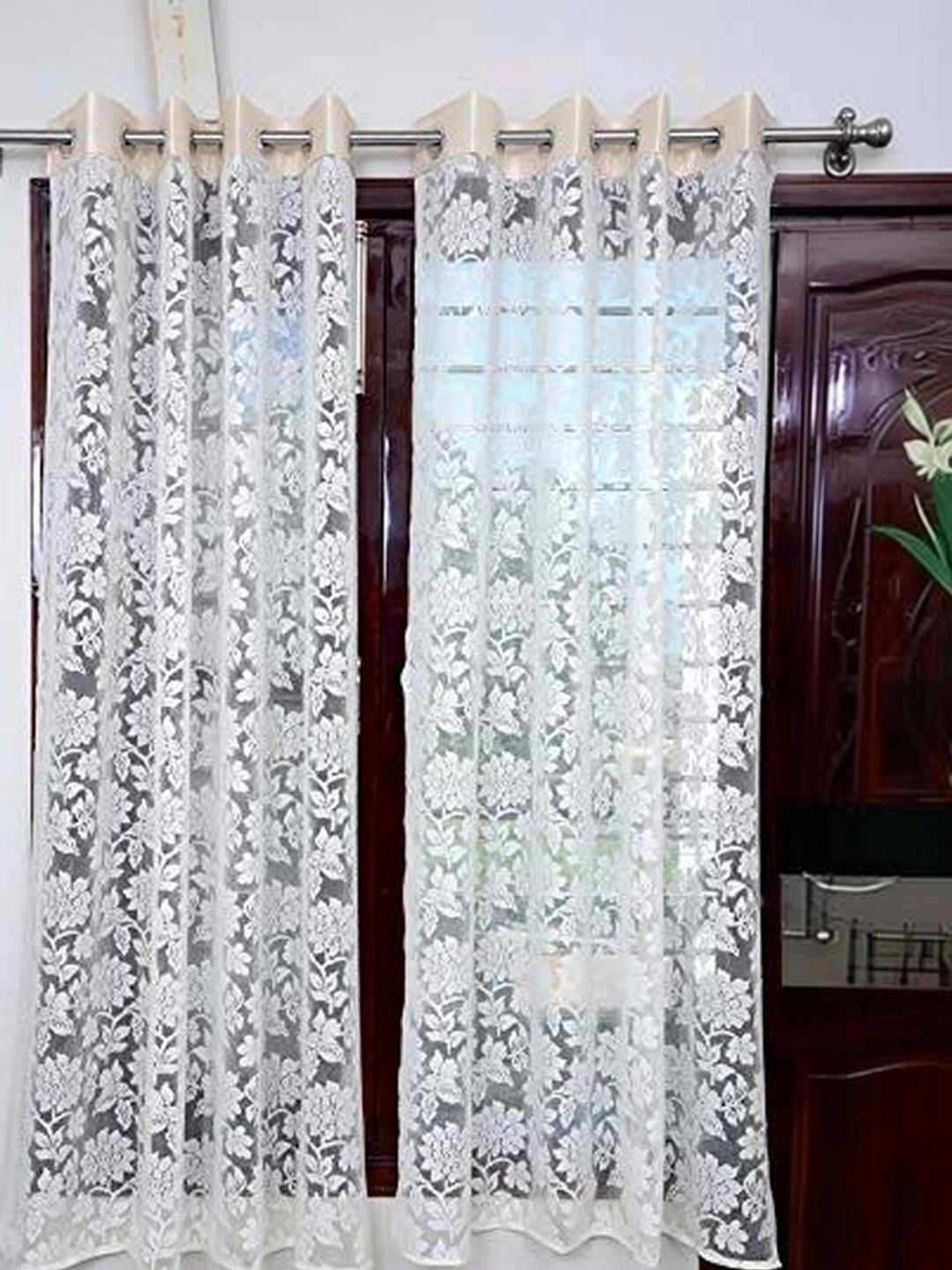 RIDHAAN Cream-Coloured Floral Sheer Door Curtain-image-9